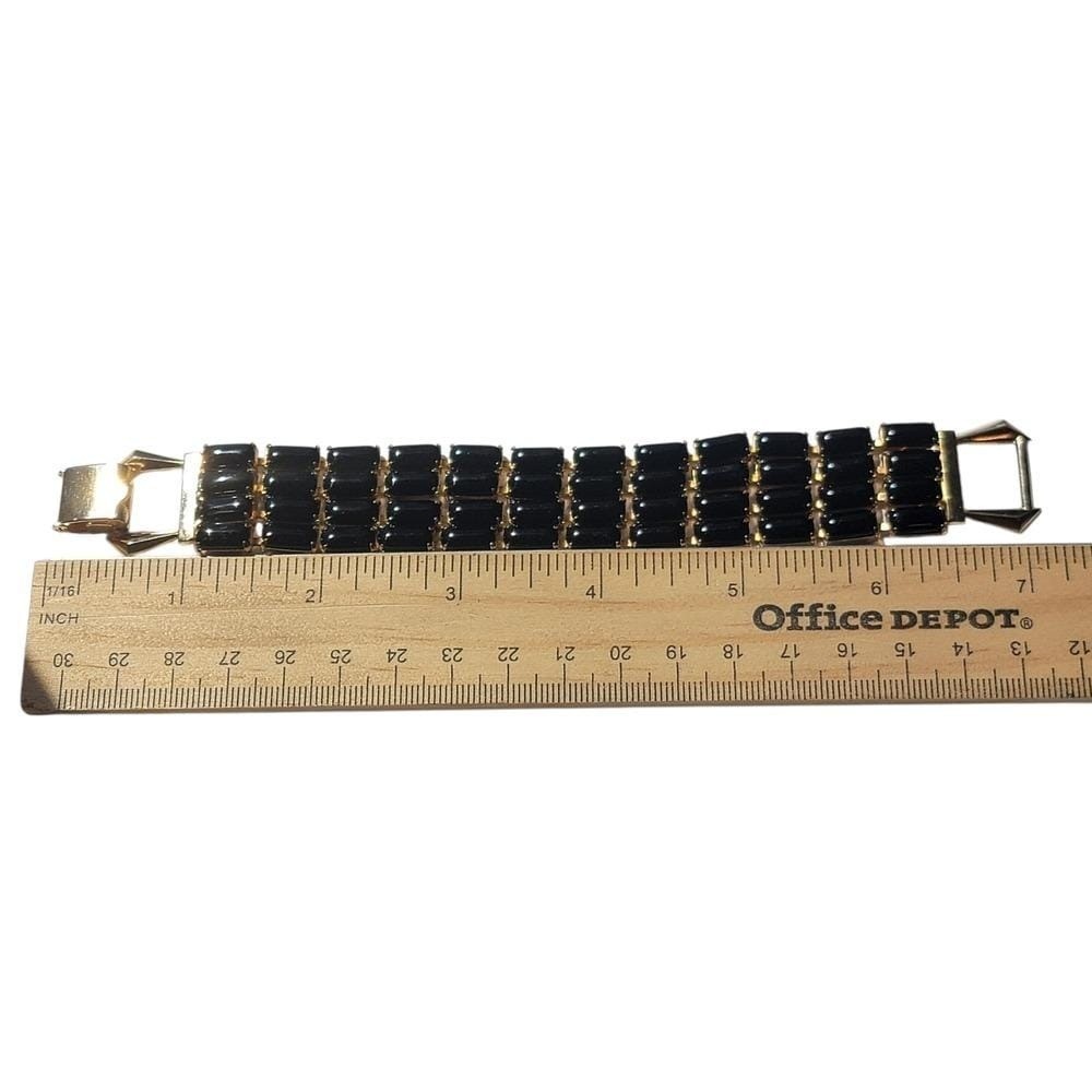 Vintage Black Glass Panel Bracelet Gold Tone Retro Mid Century Costume Jewelry