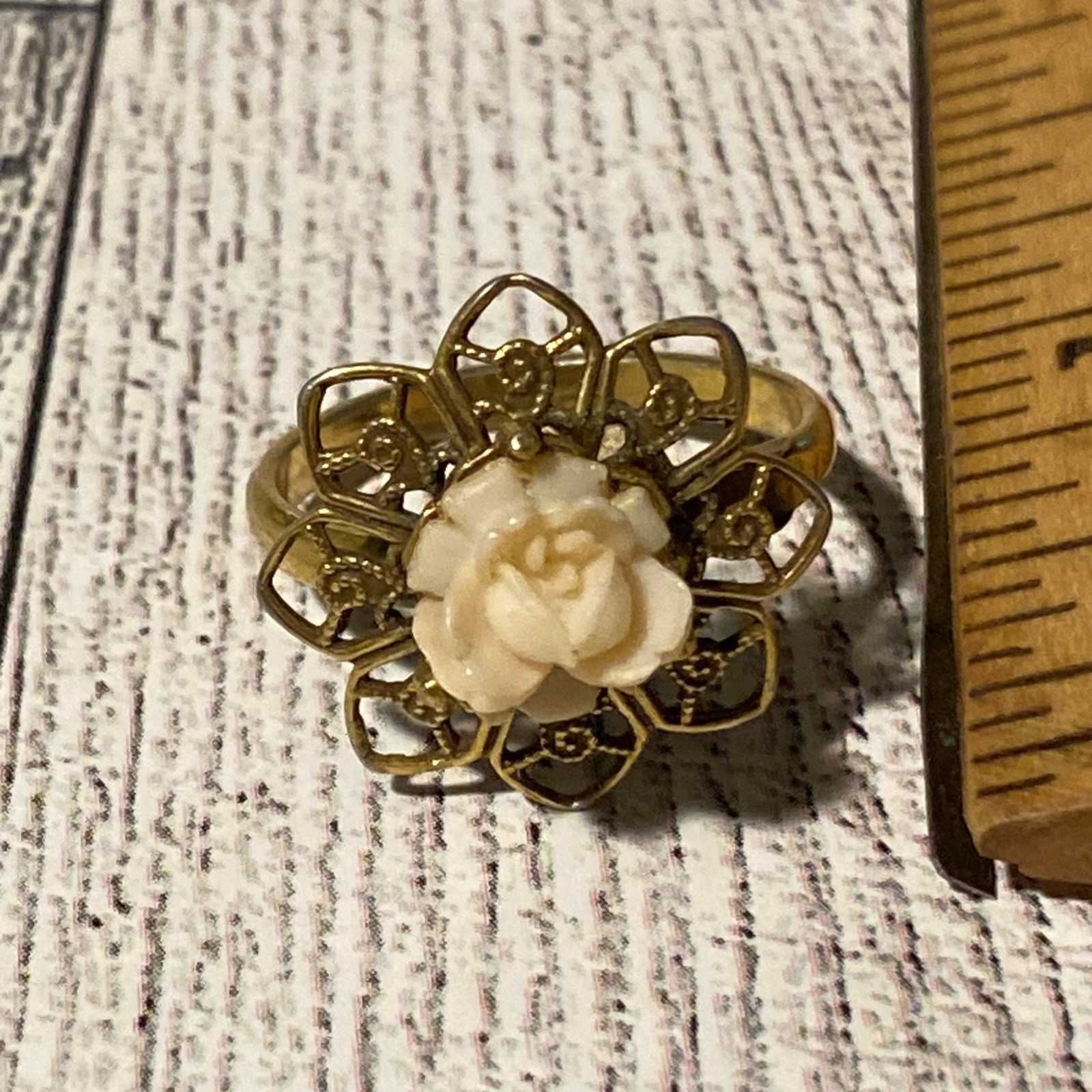 Vintage 1-7/8” CARVED RESIN ROSE Flower Brooch plus Pendant & Ring Lot