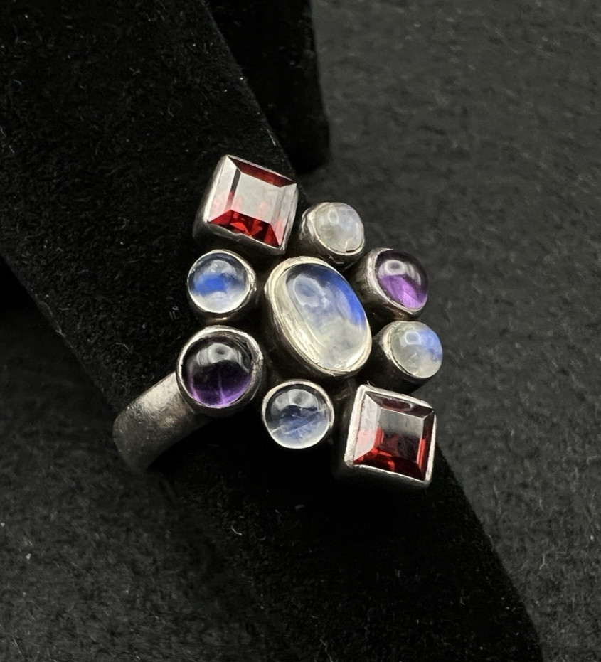 Nicky Butler Sterling Silver Garnet Moonstone Amethyst Cluster Ring Size 5.75