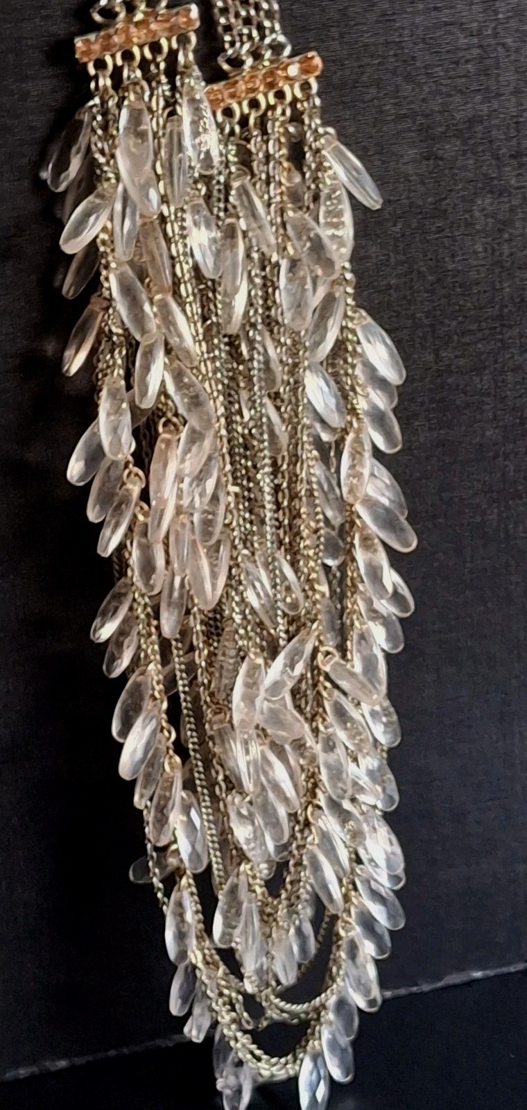 VTG Statement Bib Necklace Multi-Strand Fringe Featuring Clear Lucite Teardrops