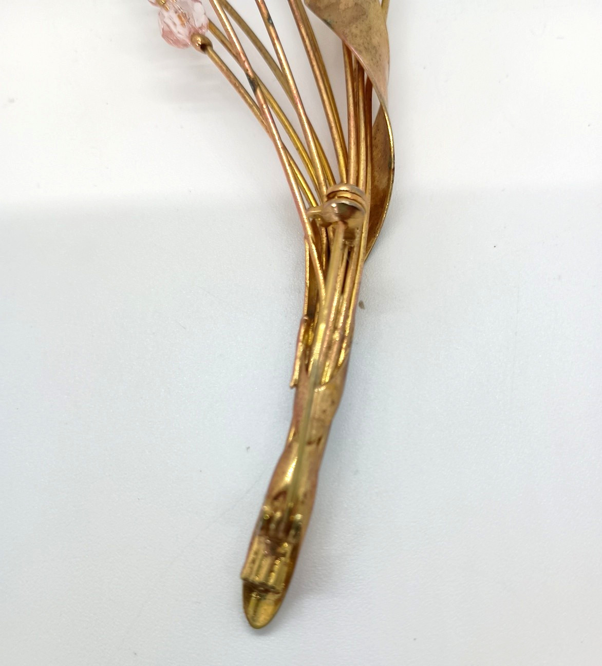 Vintage Gold Tone Brooch Pink Crystal Bead Spray Cattail VGC Retro