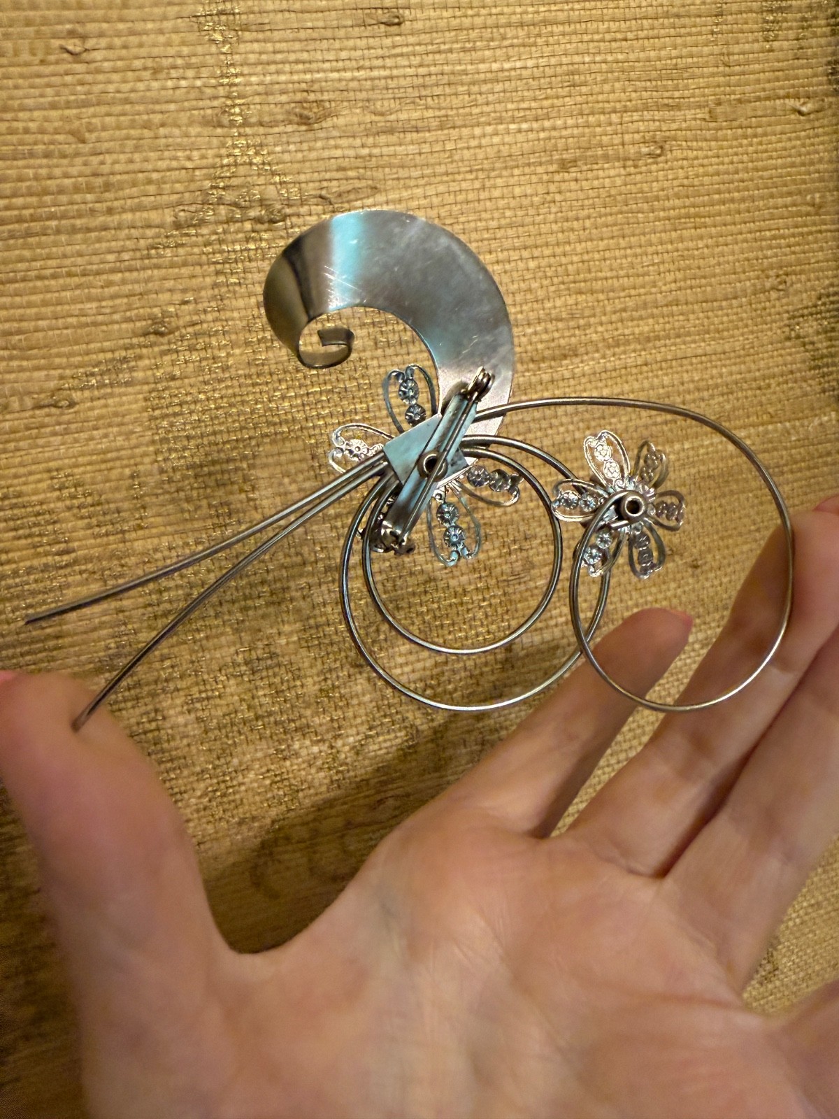 Vintage Abstract Modernist Brooch PinSilver Tone Faux Pearl LARGE Floral 1960s