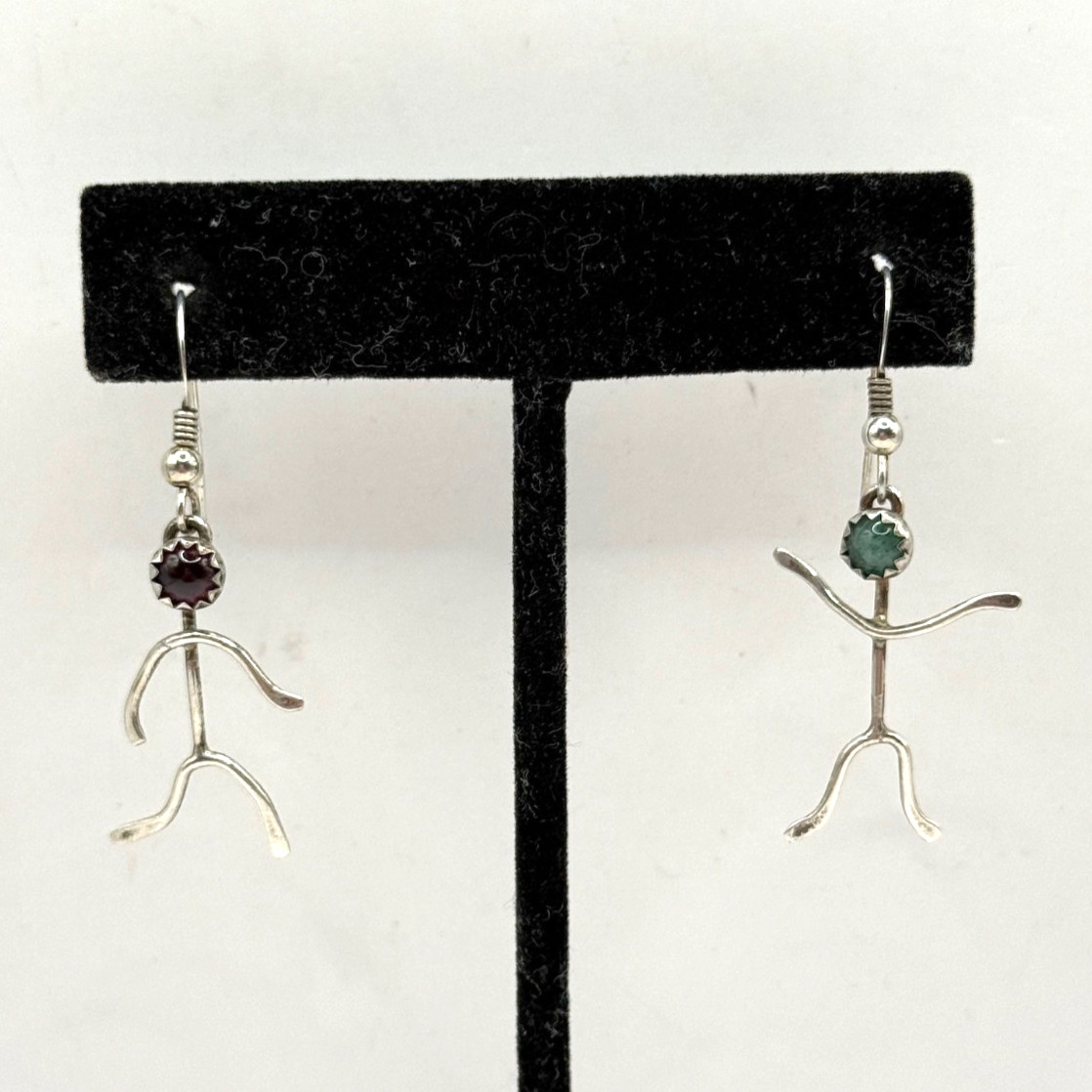 Vintage Artisan Sterling Silver Stick Figure Dangle Earrings Gemstone Heads Cool