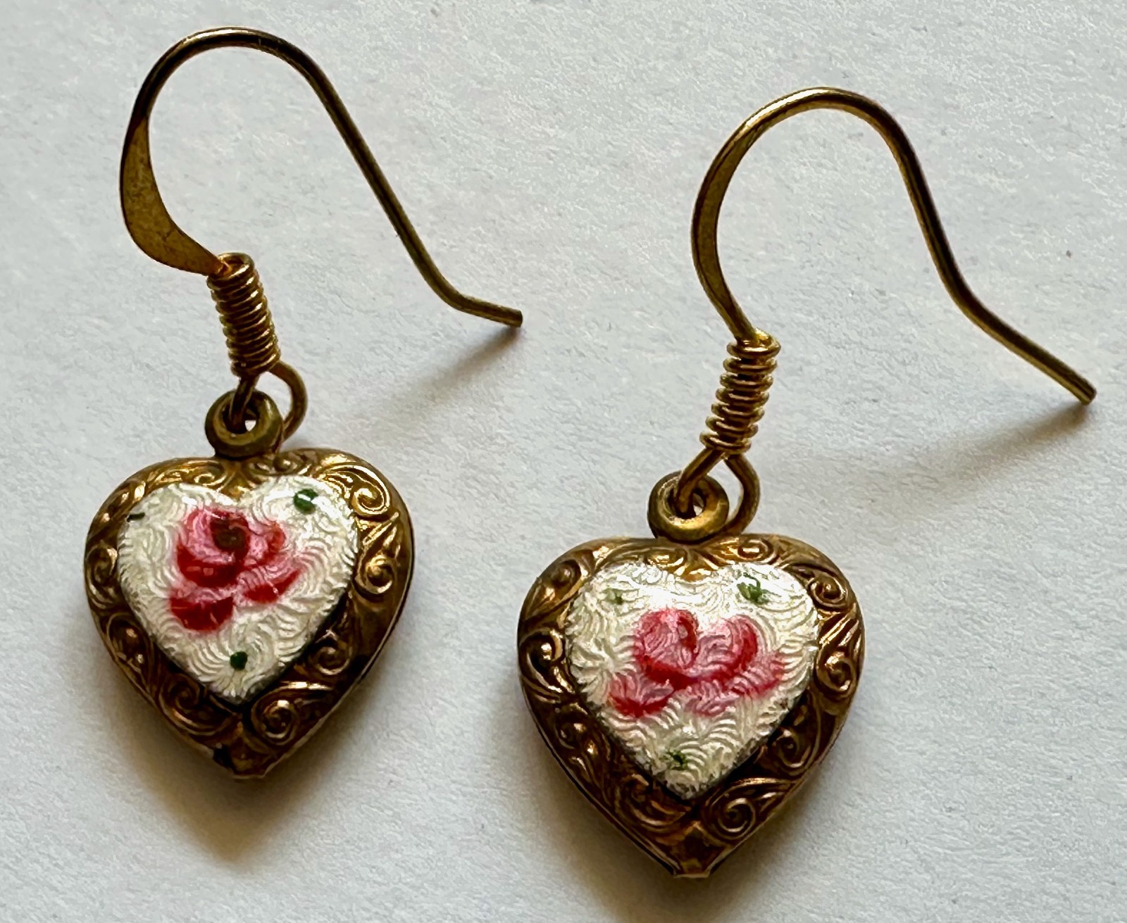 VINTAGE HEART PUFF GUILLOCHE PINK FLOWER BRASS CHARM 5/8 OF 1″ EARRINGS TINY