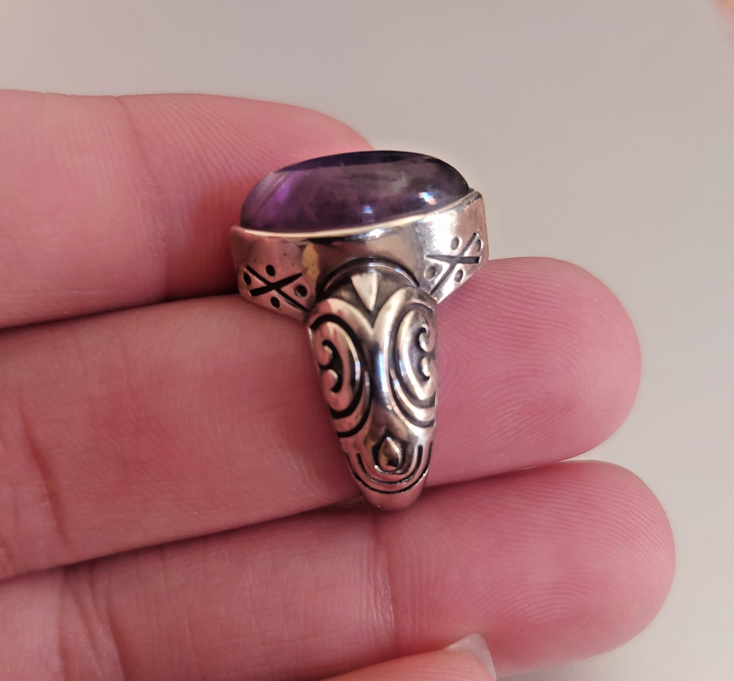 Ancient Vintage Victorian Sterling Silver Ring Natural Amethyst Stone Size 8