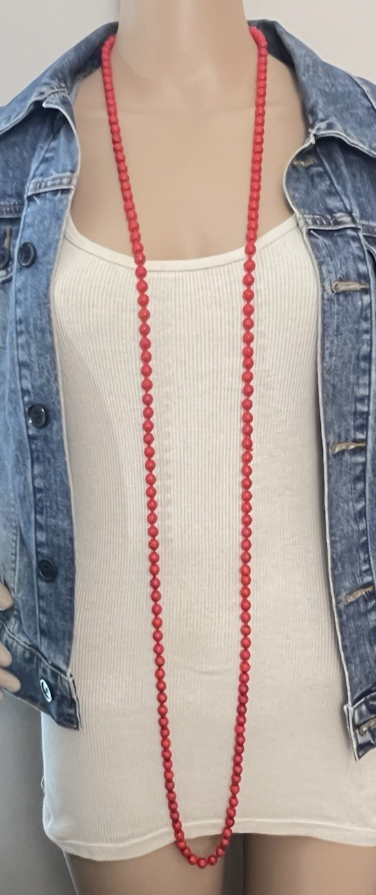 Vintage Hand Knotted Dyed Red Howlite Flapper Necklace 60 in