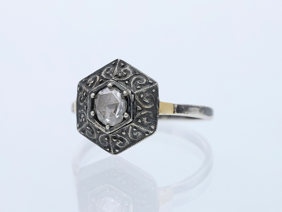 Antique Ring 0.35ct. Solitaire Diamond 585 Yellow Gold 925 Silver Deta Jewelry