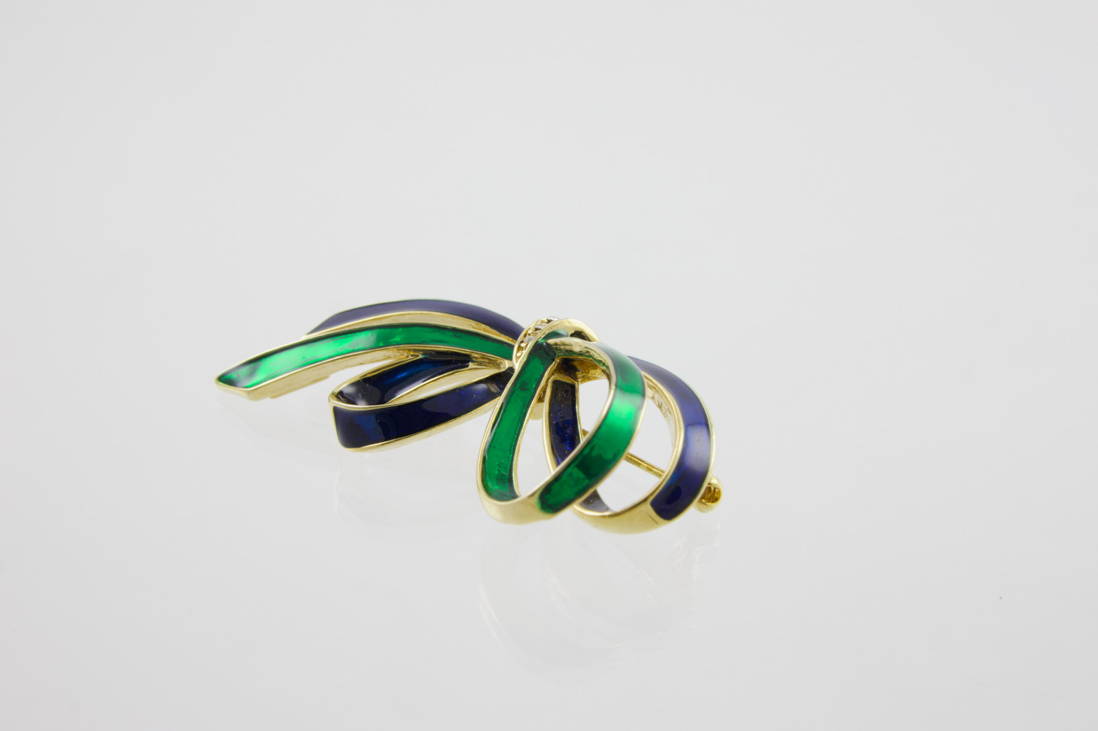Vintage Finesse Blue & Green Enameled Rhinestone Ribbon Bow Brooch
