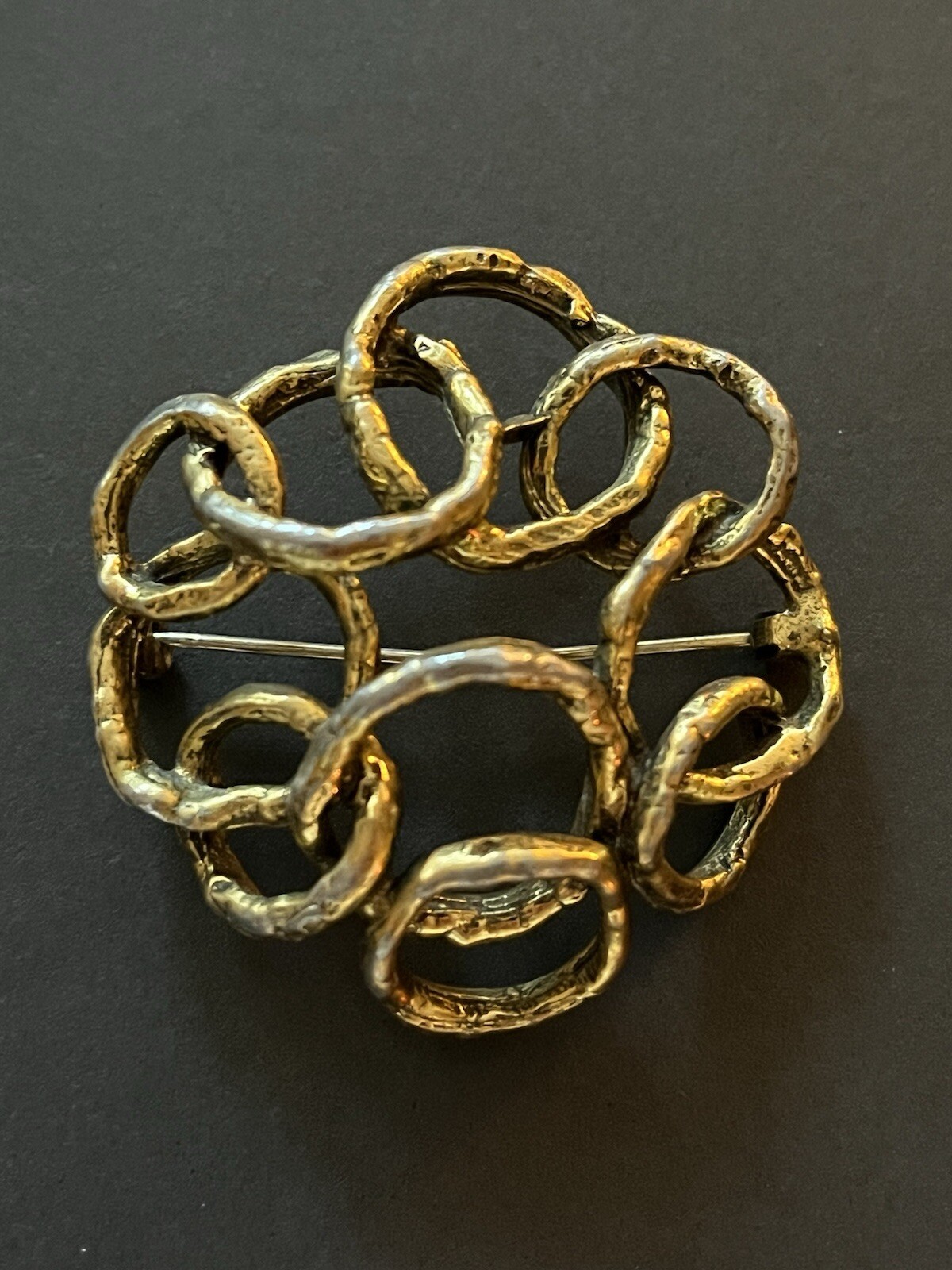 Zentall Brutalist Brooch Gold Tone Modernist Abstract Circular Signed Vintage
