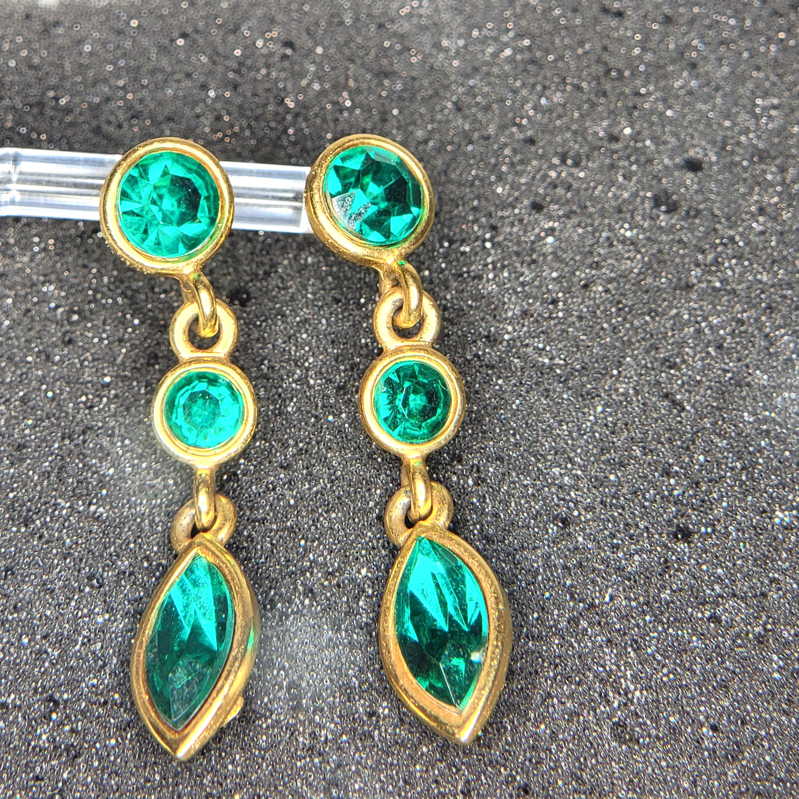 Vintage Napier Dark Green Faux Emerald Earrings 2″L Gold-tone, signed