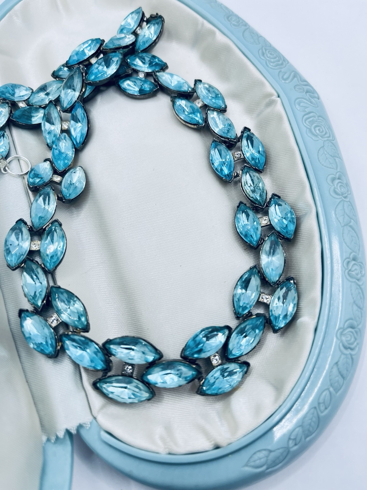 Vintage Aqua Rhinestone Pot Metal Rivière Necklace Not Signed