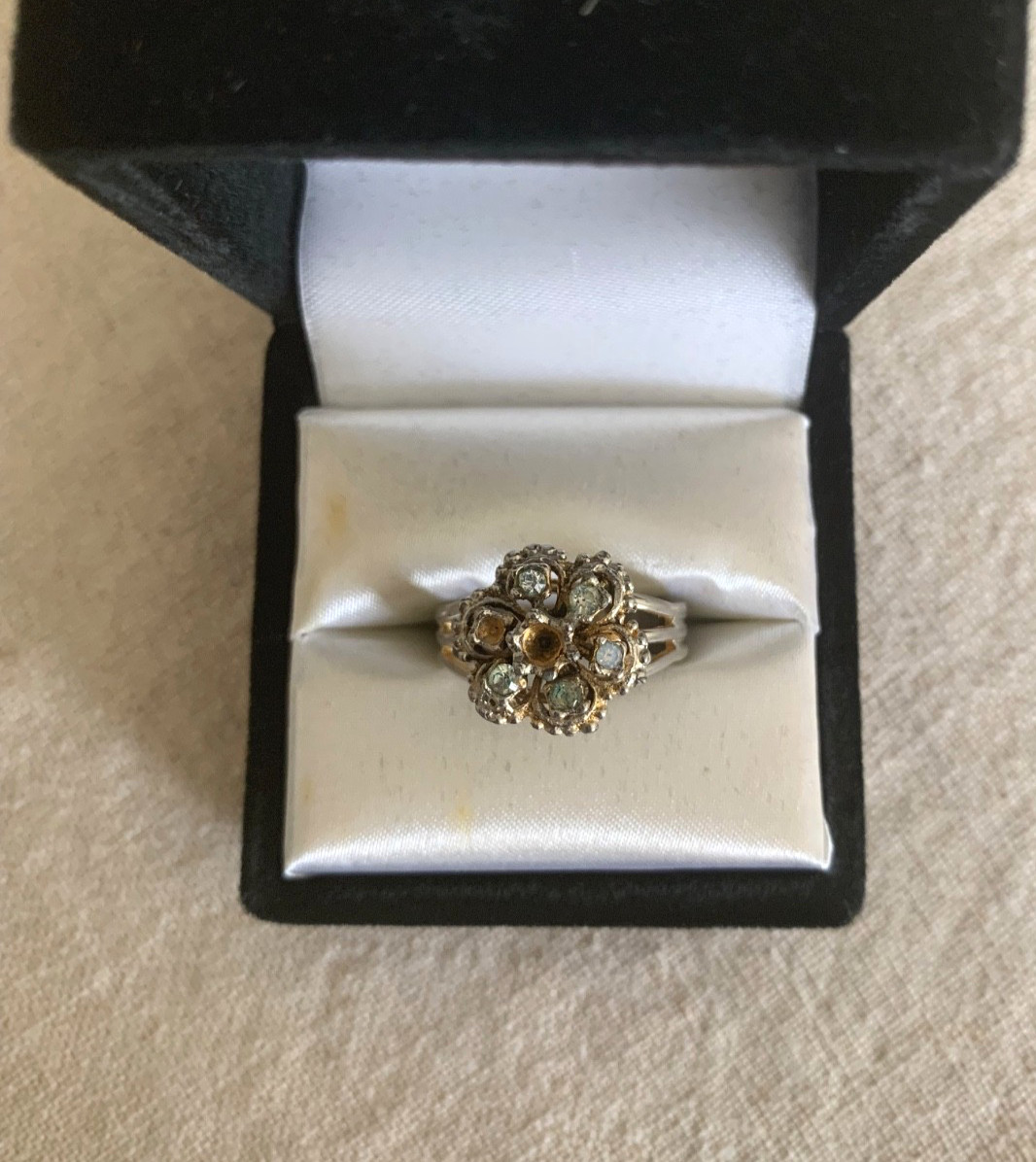Vintage Floral Cluster Ring Adjustable Silver Tone Rhinestone Missing Stone
