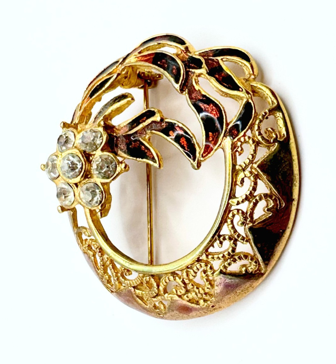 Gold Tone Rhinestones Flower & Multicolor Enamel Brooch Vintage