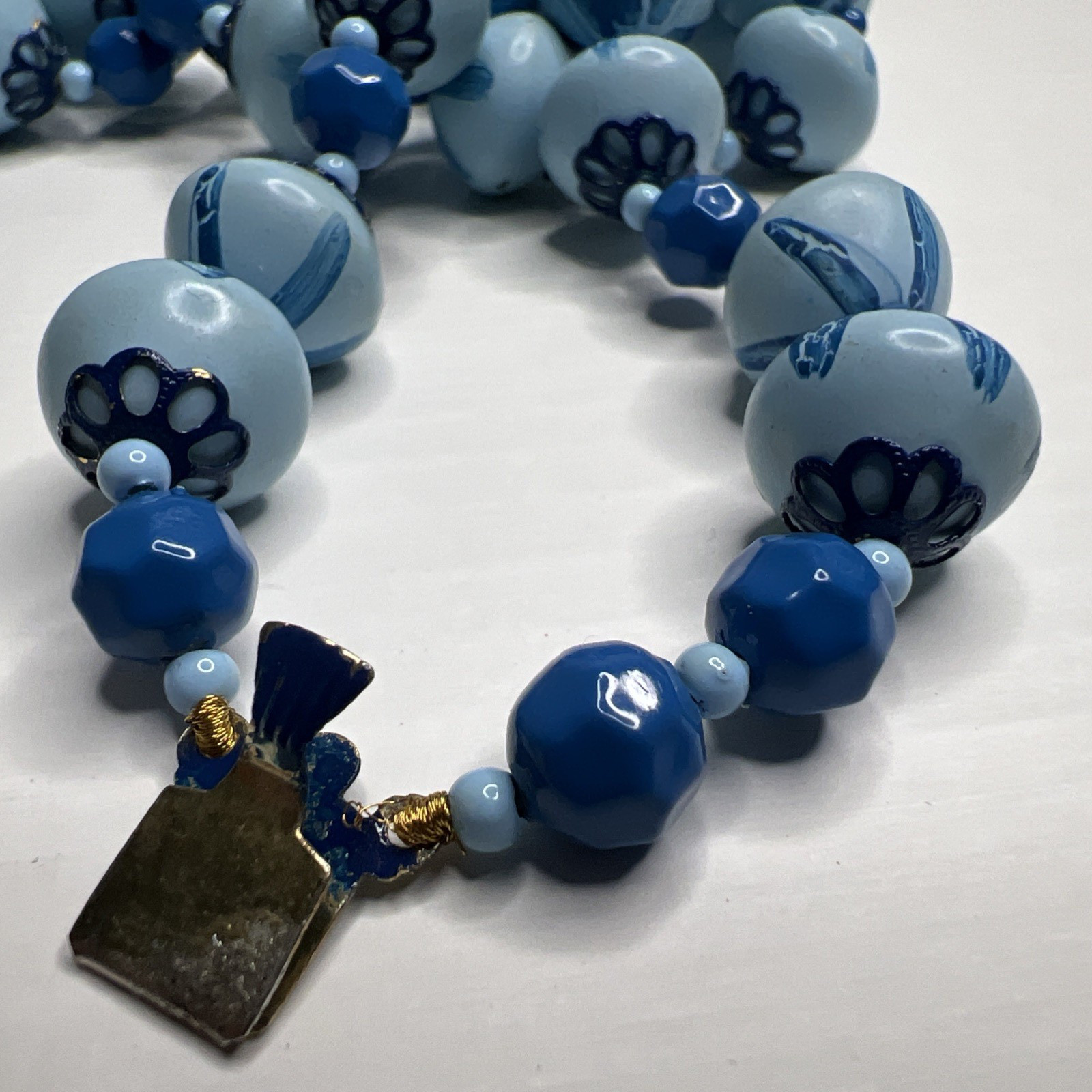 Hong Kong Blue Painted Bead Double Strand Necklace Box Tab Clasp
