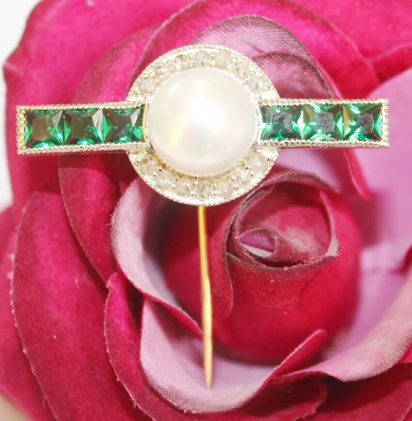 0.85ct Rose Cut Diamond 925 Silver Emerald Pearl Anniversary Wedding Stick Pin