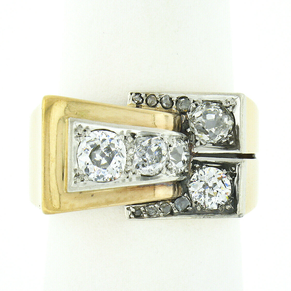 Unisex Antique Victorian 18k Gold & Platinum 1.24ctw Old Cut Diamond Buckle Ring