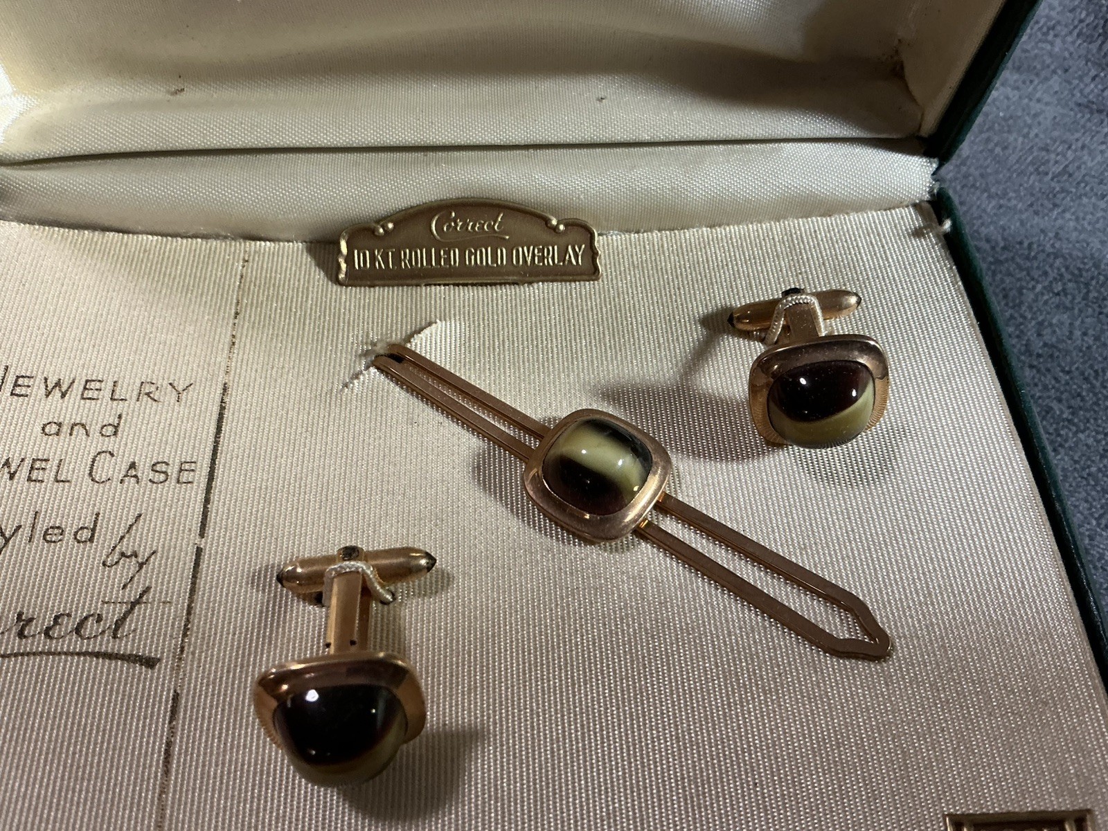 Vintage CORRECT 10k Rolled Gold Overlay Cufflinks & Matching Tie Bar Set