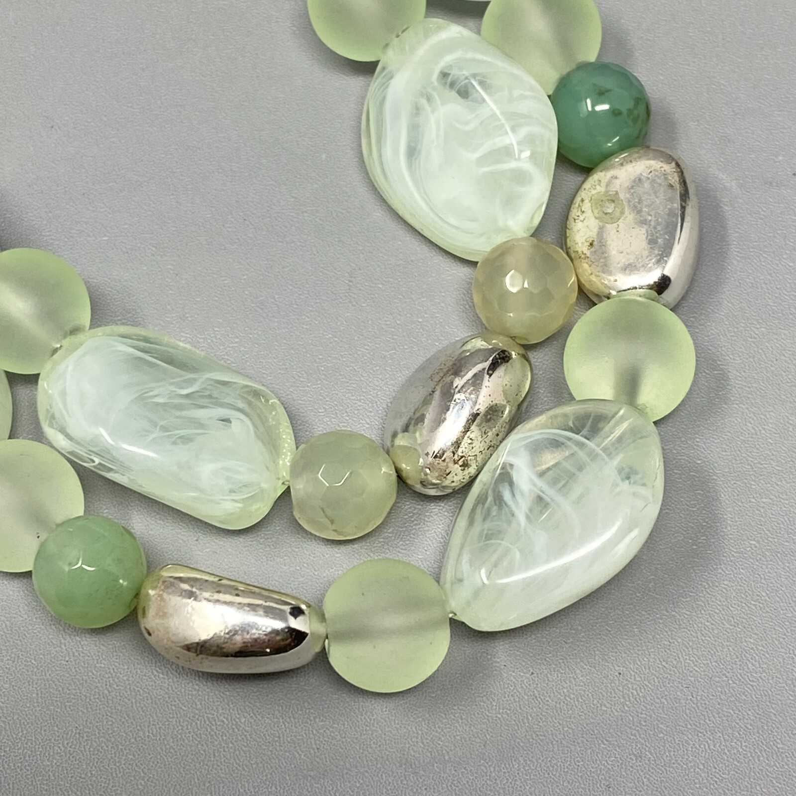 Multi Strand Necklace Green Gemstone Glass Acrylic Beads Frost Swirl Silver Tone
