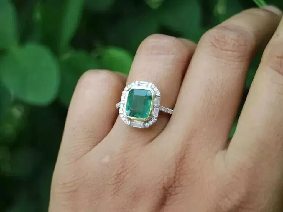 Art Deco Style Lab-Created Diamond & Emerald Cocktail Ring 14k White Gold Finish