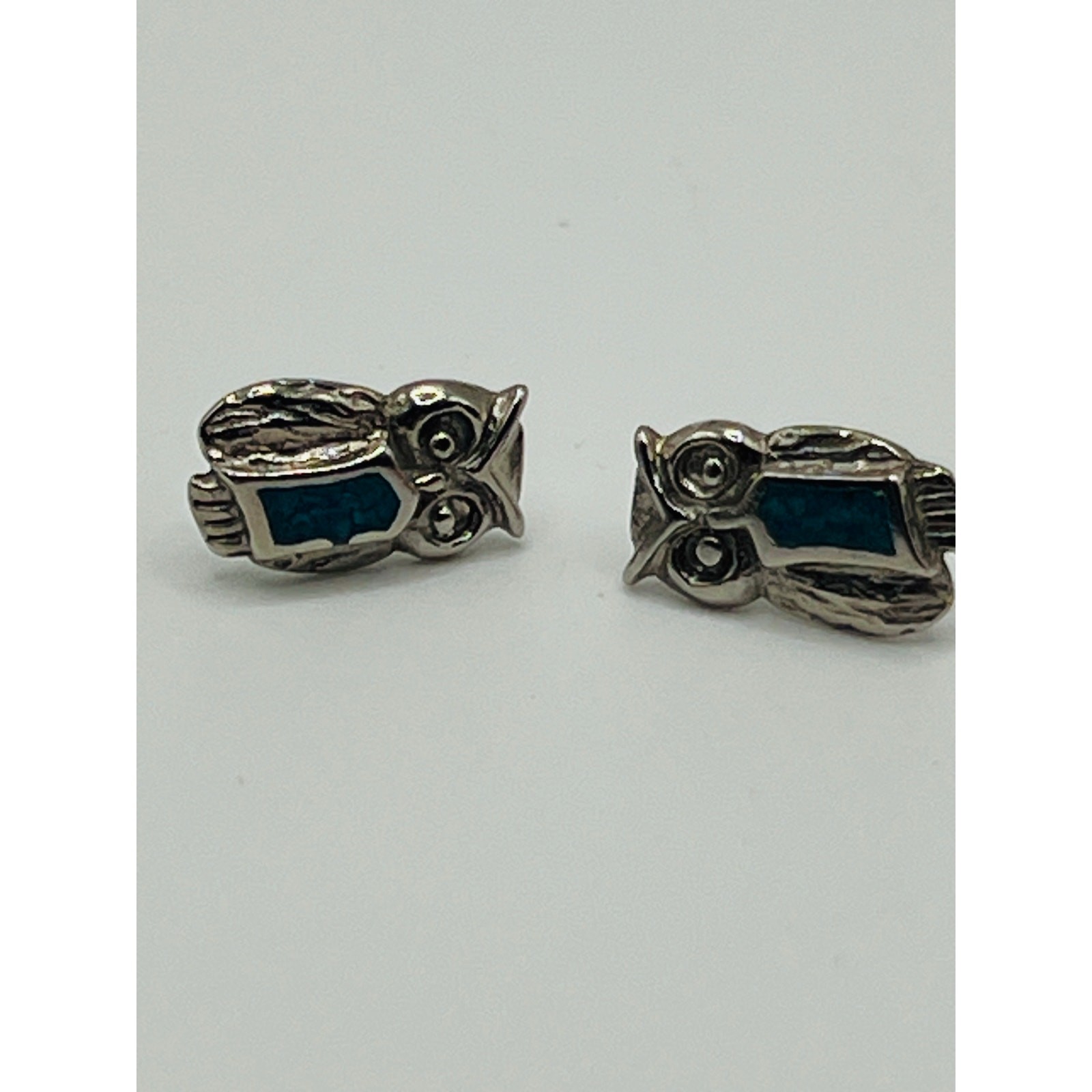 Vintage Owl Stud Earrings | Silver Tone Owl Jewelry | Blue Stone Inlay