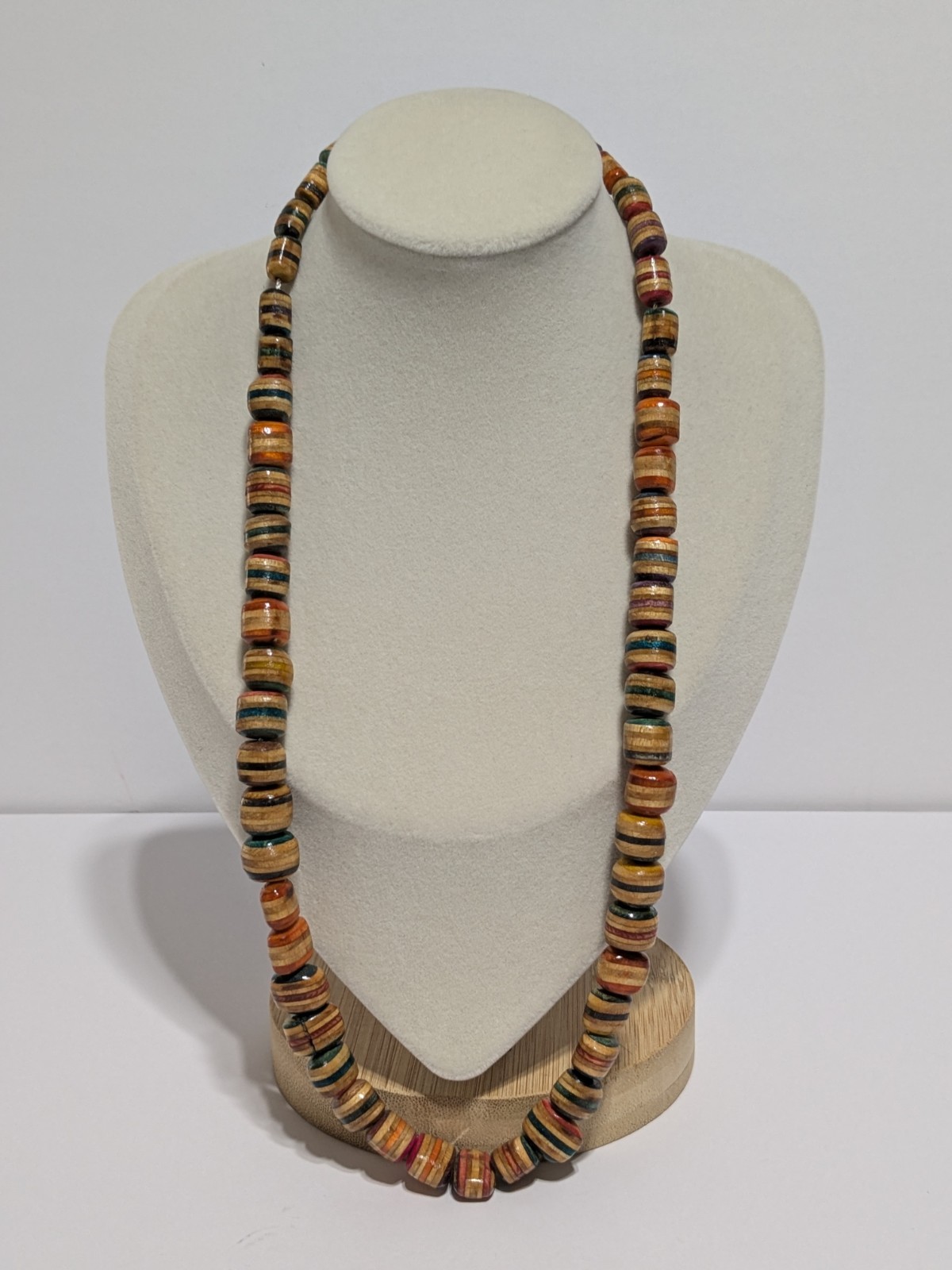 Vintage Multicolor Wood Bead Handmade Necklace. Silver Tone End Caps. 21″ BOHO