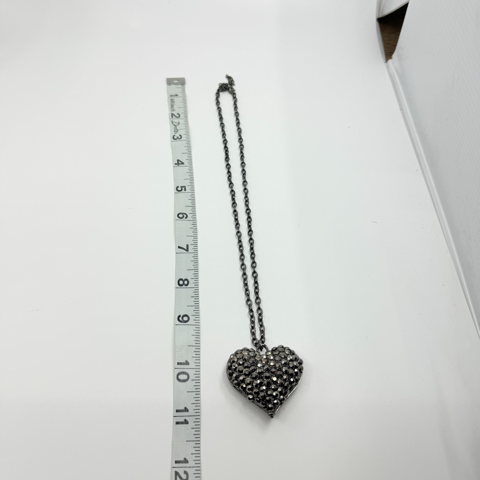 Vintage Y2K Gunmetal Pave Rhinestone Puffy Heart Pendant Necklace Grunge Goth