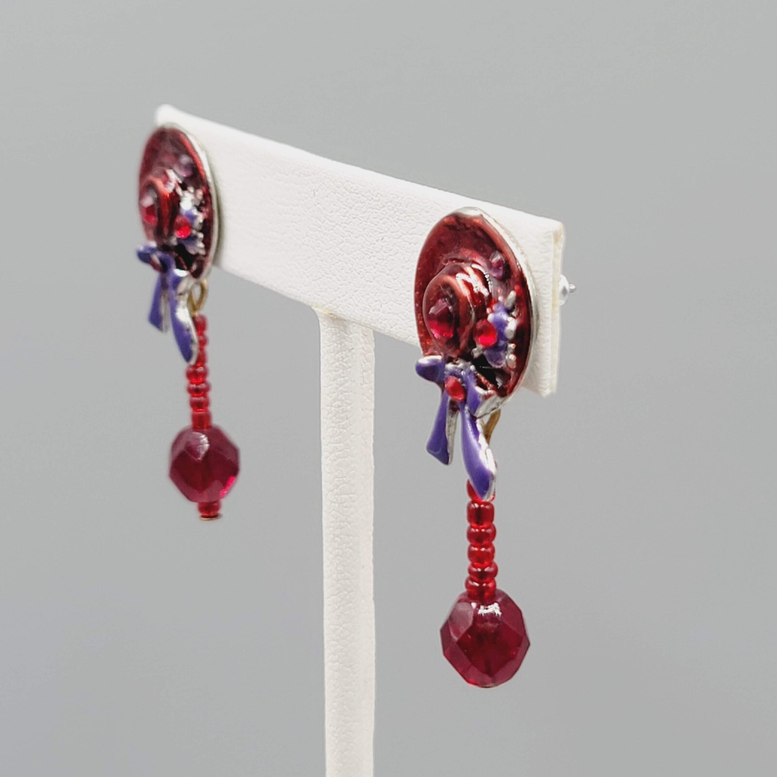 Vintage Red Hat Society Pierced Earrings Enamel Dangle 1.5″