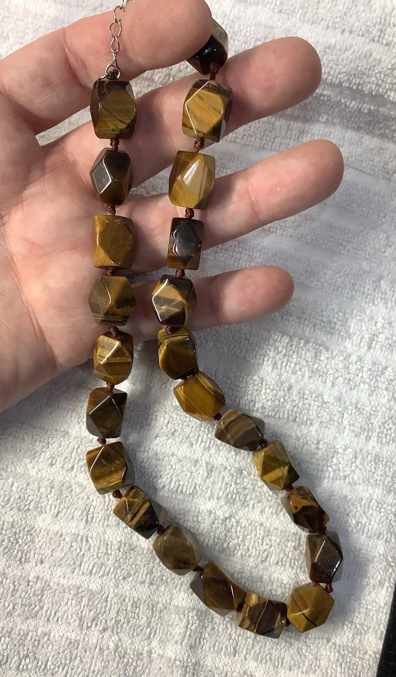 Vintage Large Chunky Beaded Faceted Polished Tiger Eye Gemstone Necklace 18”