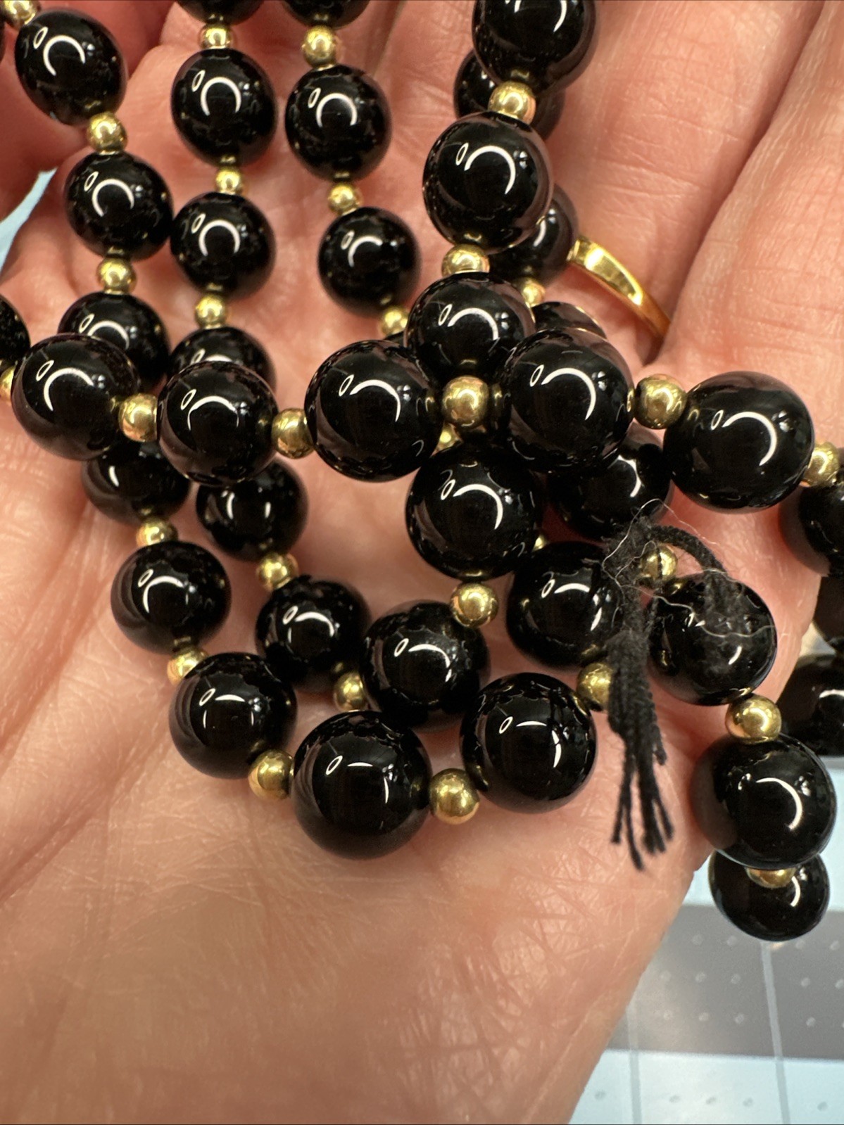VINTAGE 1990’S 14K GOLD FILLED 8.4MM BLACK ONYX BEADS 26” NECKLACE Pullover J103