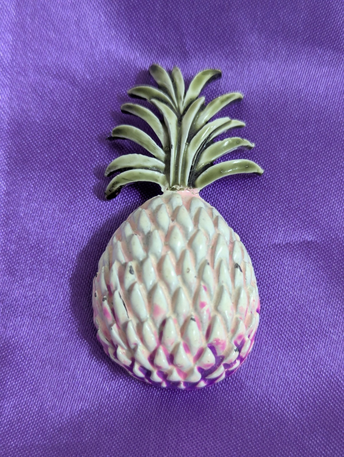Vintage White Pink & Purple Enameled Pineapple Brooch