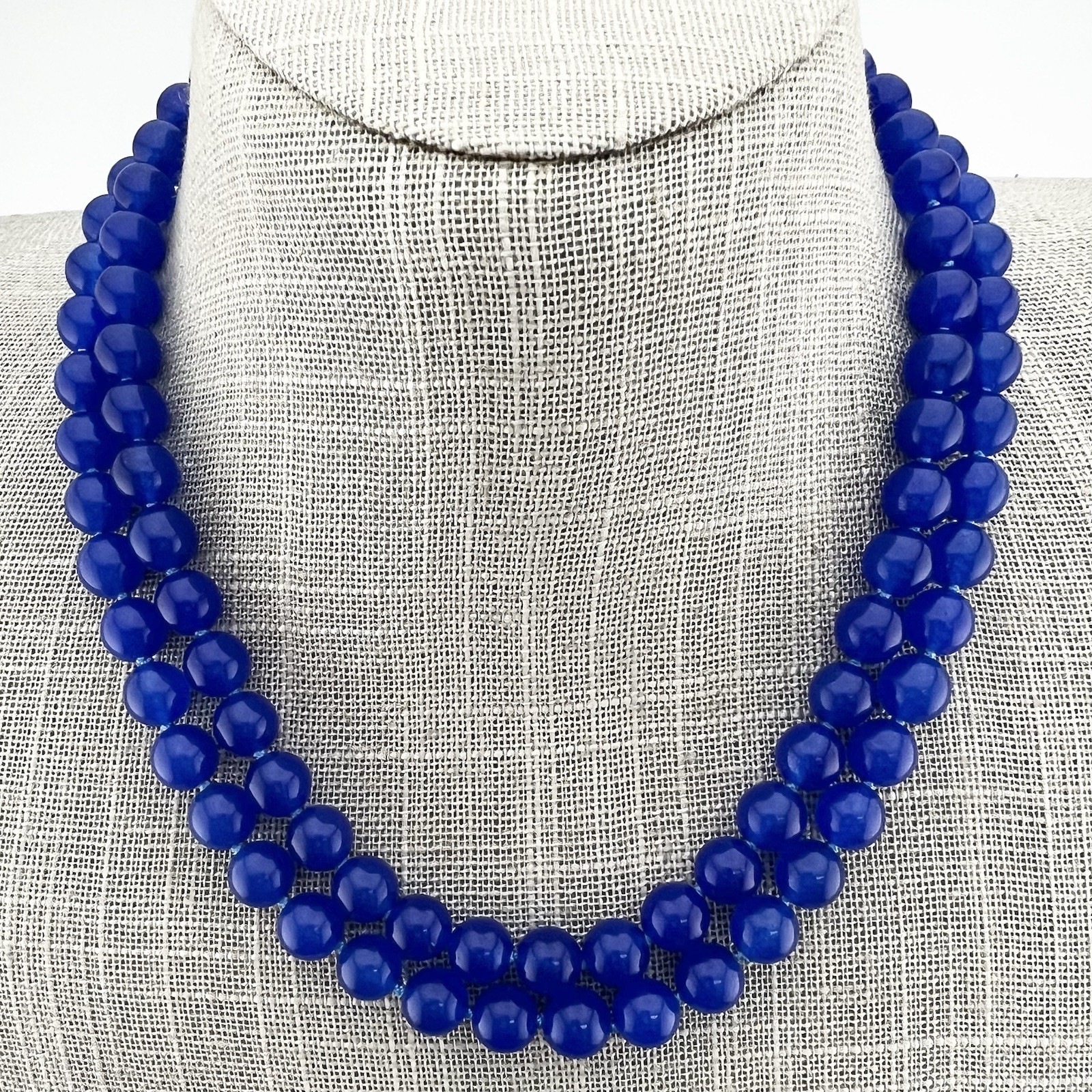 Vintage Beaded Necklace Blue Gemstone Hand Knotted 32”
