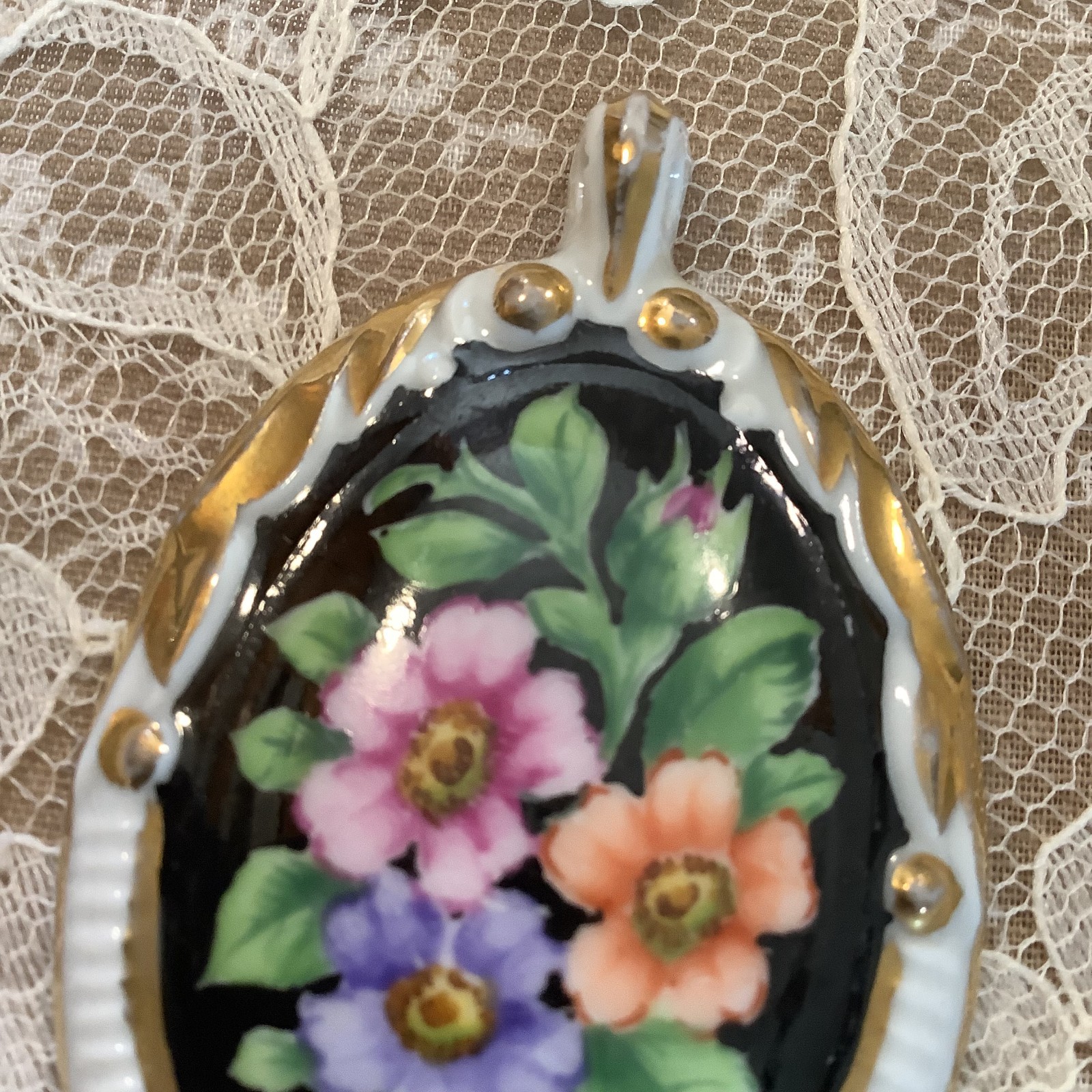 white black floral hand painted large porcelain vintage pendant 2.5″ victorian
