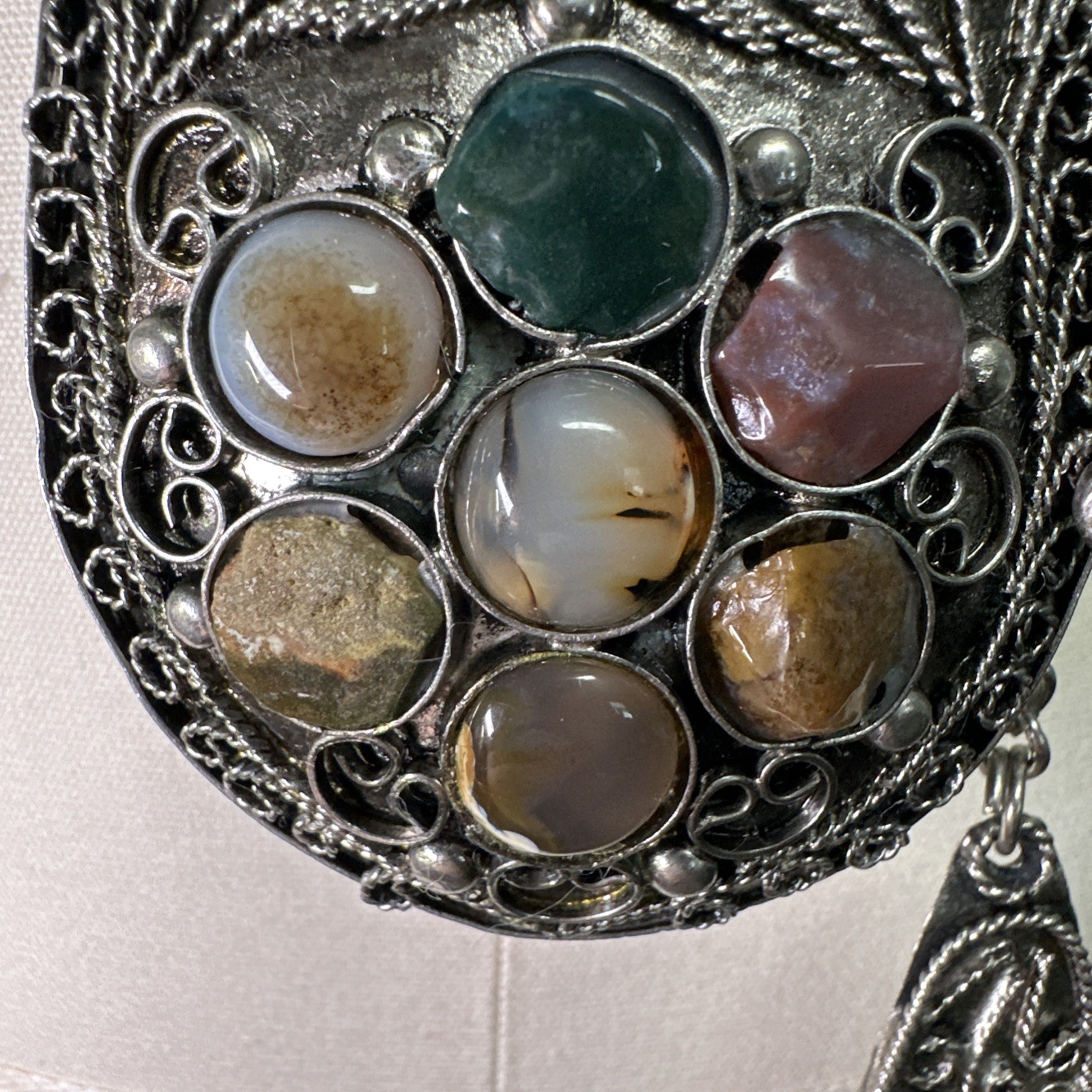 Vintage Small Silver-tone Sajai Metal Purse Necklace Agate Gemstones Tether Lid