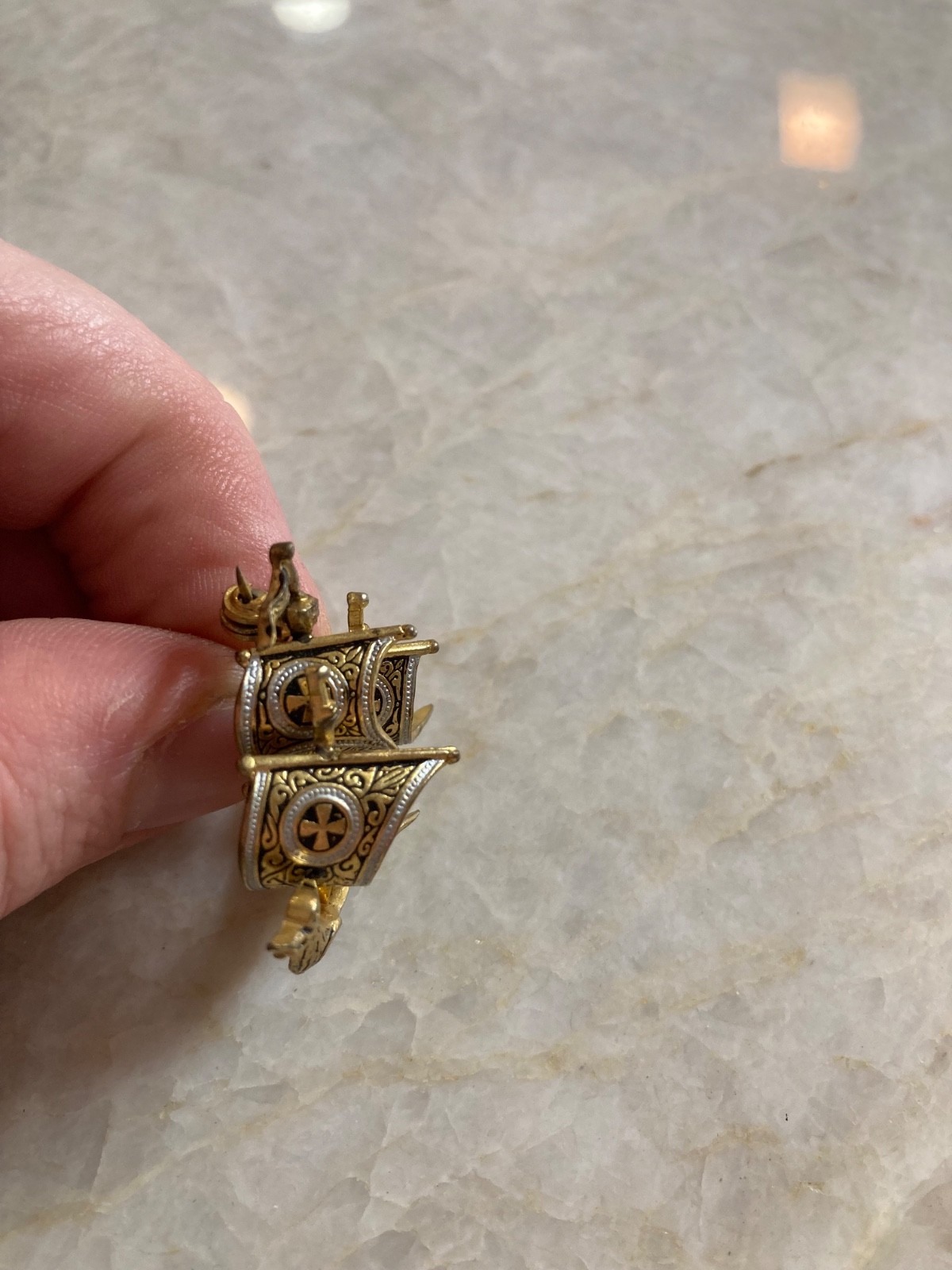Unique Vintage Gold and Silver Tone Three Mast Tall Ship Brooch