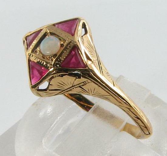 9CT 9K GOLD INDIAN RUBY AUSTRALIAN OPAL ART DECO INS COCLTAIL RING FREE Sz