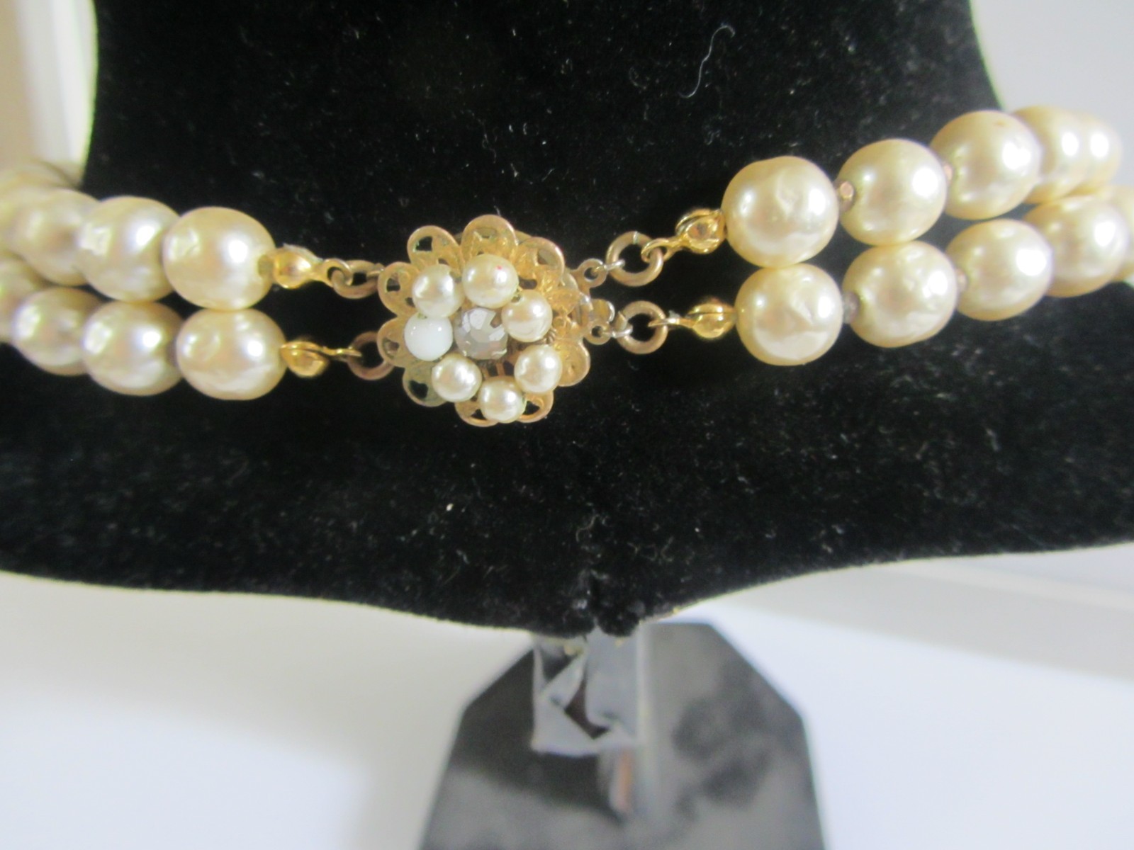 Vintage Signed Miriam Haskell Double Strand Pearl Necklace with Ornate Leaf Pend