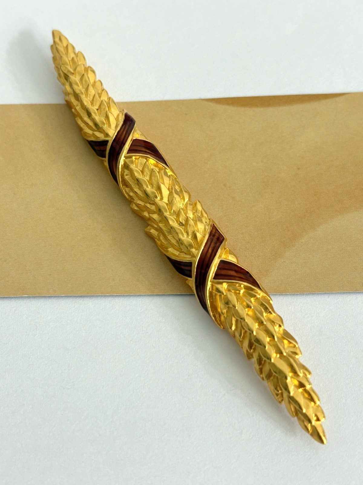 Vintage Karl Lagerfeld Wheat Brooch Brushed Matte Gold Tone Finish Red Enamel