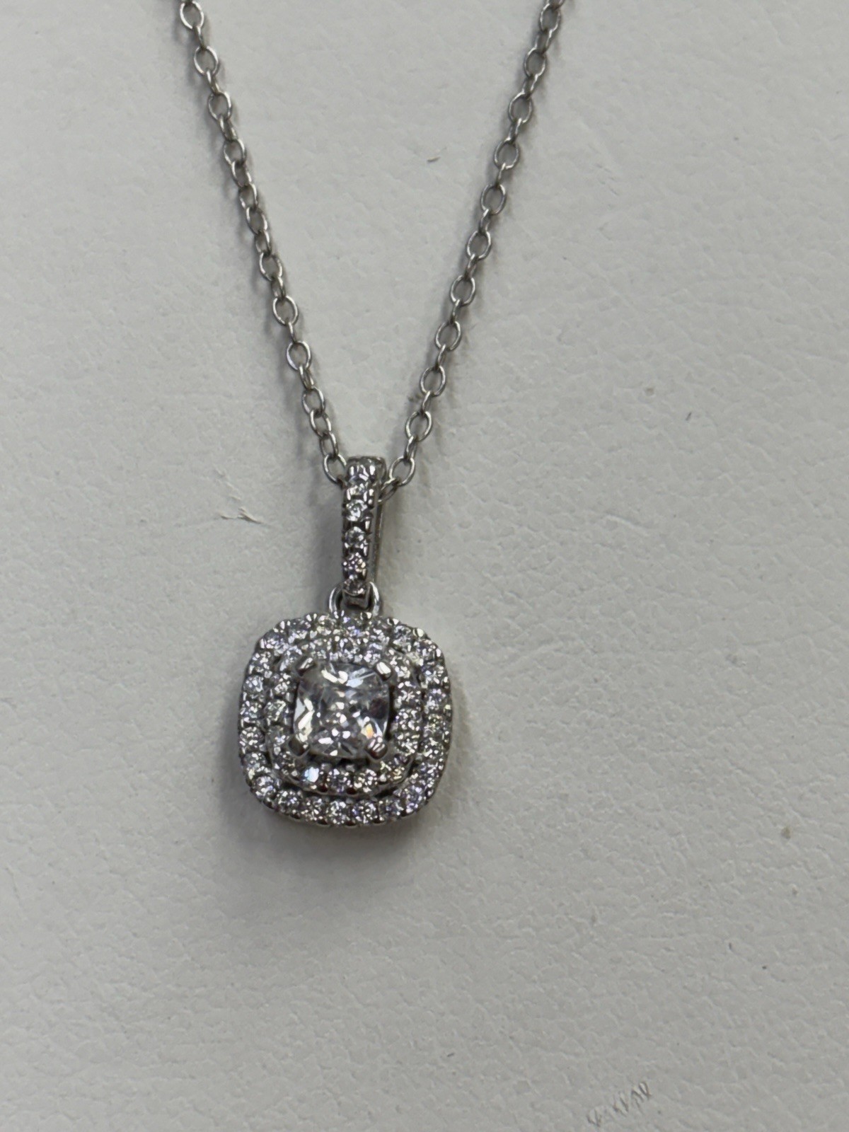 Sterling Cushion Cut CZ Double Halo Style Pendant Necklace 16-18”