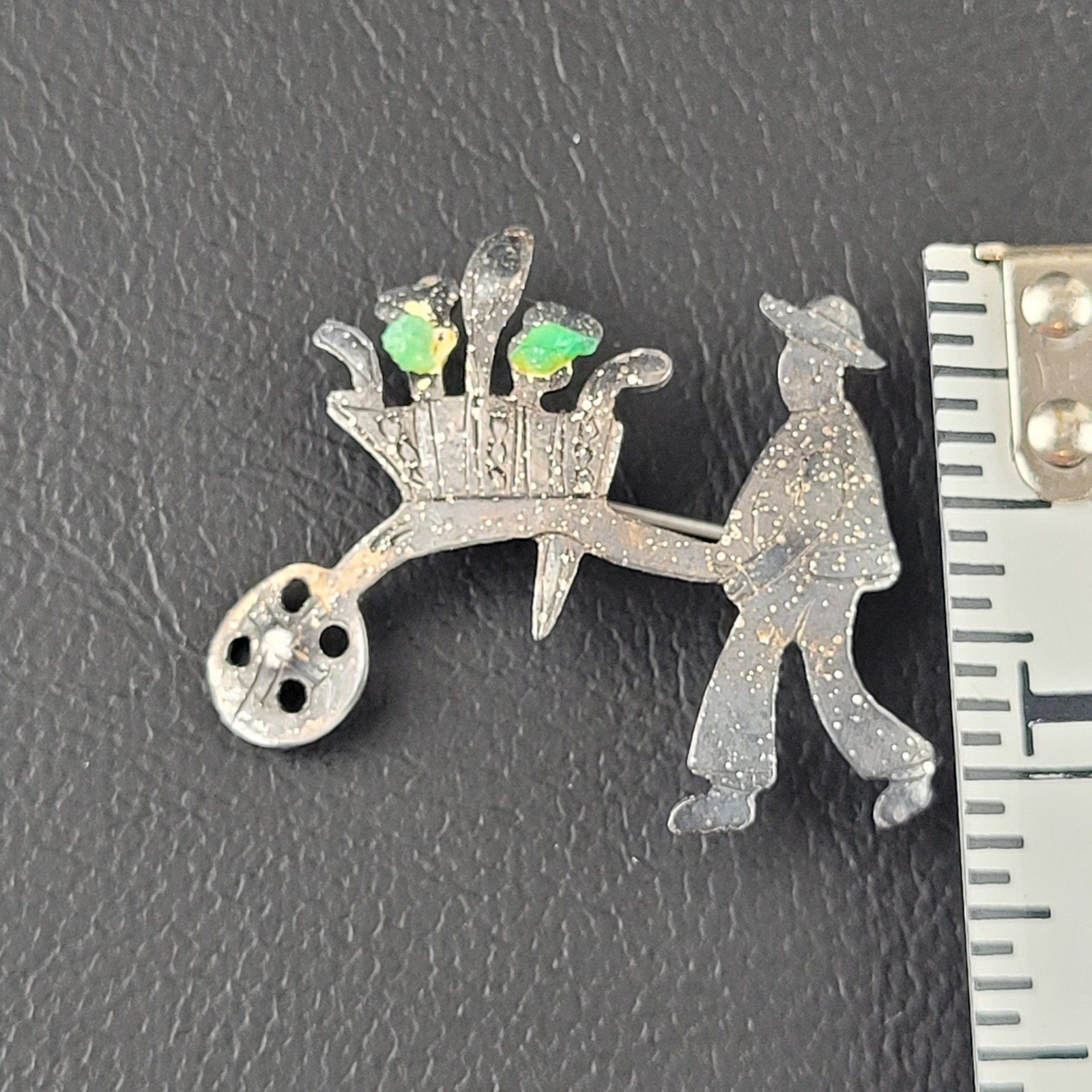 Vintage Man With Flower Cart Brooch Signed 980 Thin Silver Tarnished C Clasp