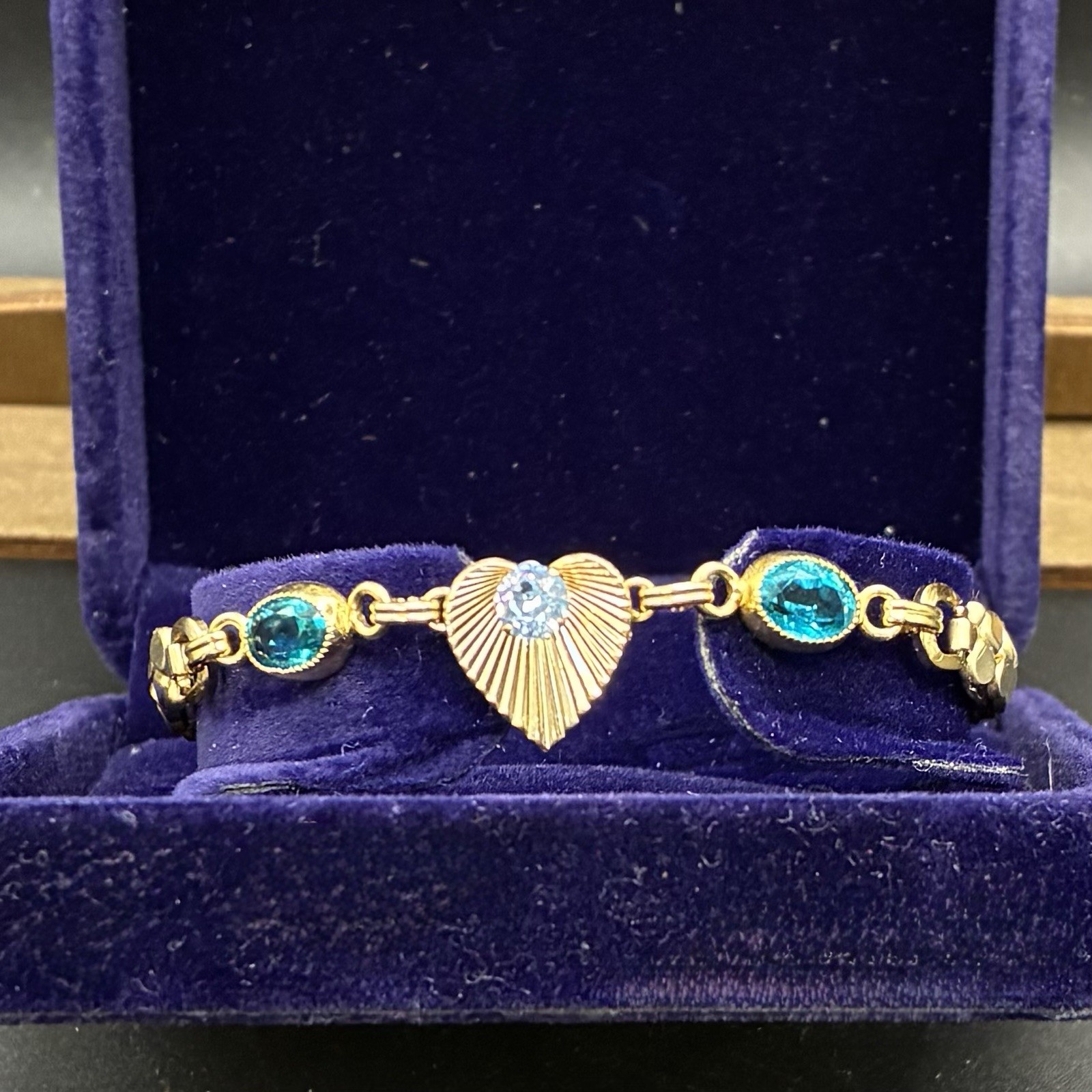 Custom Vintage Yellow Gold Filled Expansion Bracelet,Blue Glass Gems, Watch Band