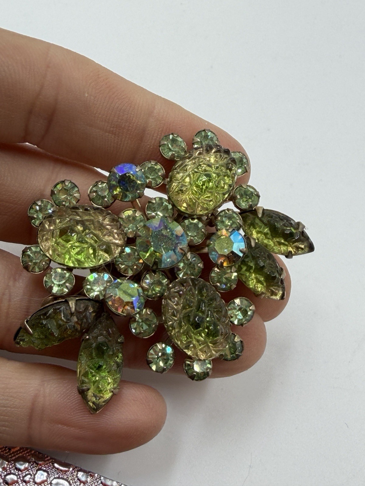 Vintage Brooch Rhinestone Green Geode Cut Givre Estate