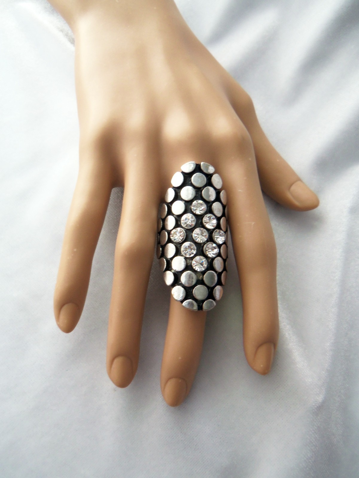Crystal Rhinestone Accents Silver Dots on Black Long Finger Stretch Band Ring