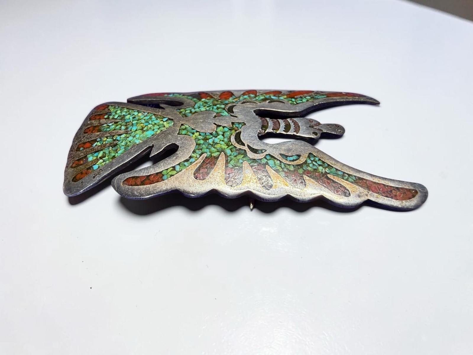 Navajo Juan T. Singer JTS Sterling Silver Turquoise Coral Thunderbird Pin Brooch