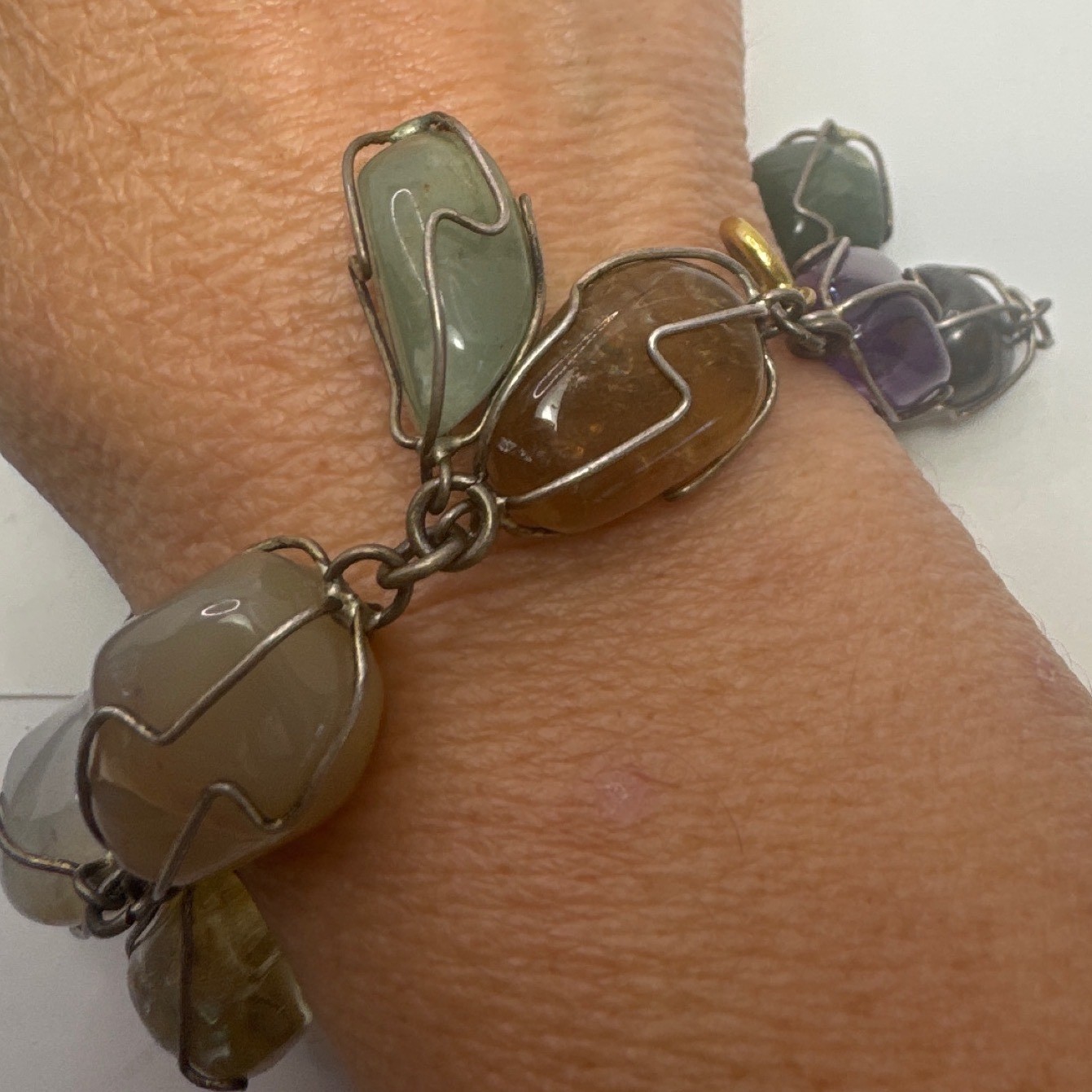 Vintage Wire Wrapped Tumbled Gemstone Charm Bracelet Multi Color Boho 7.25 In