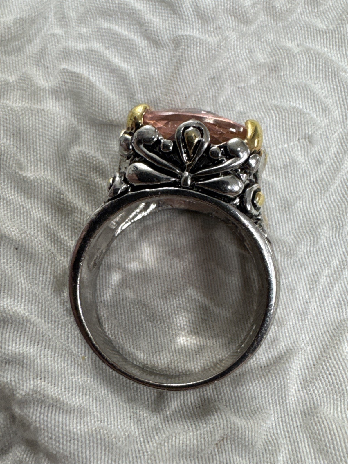 Vintage 18K GE Two Tone Large Faceted Cushion-Cut Pink Cubic Zirconia Ring 10.25