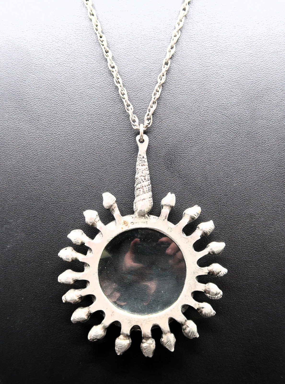 Vtg Pewter Sunburst Magnifying Loupe Pendant Necklace Metzke Signed Shell Bail