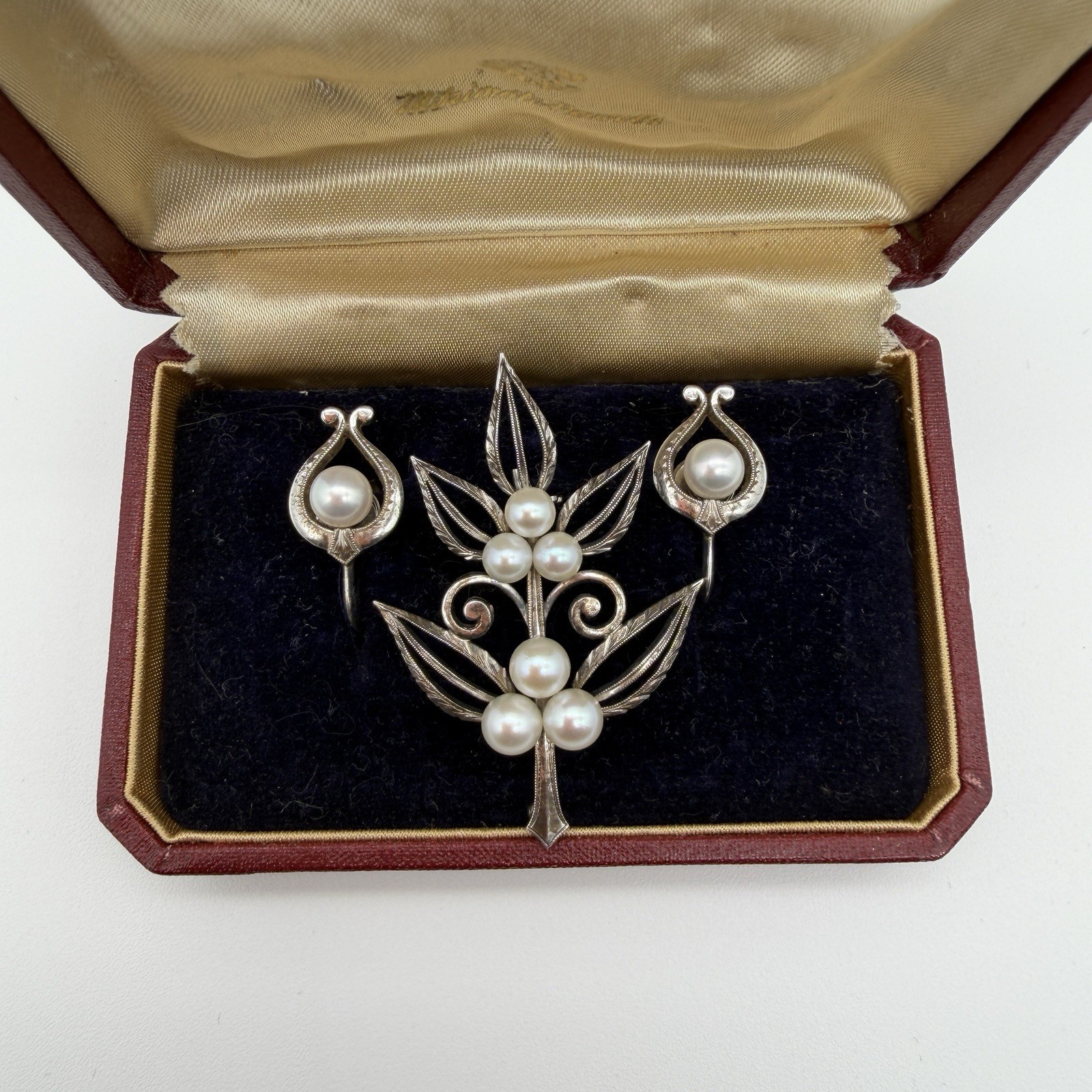 Vintage Mikimoto Sterling Silver Pearl Brooch & Earrings Set – Original Box – M