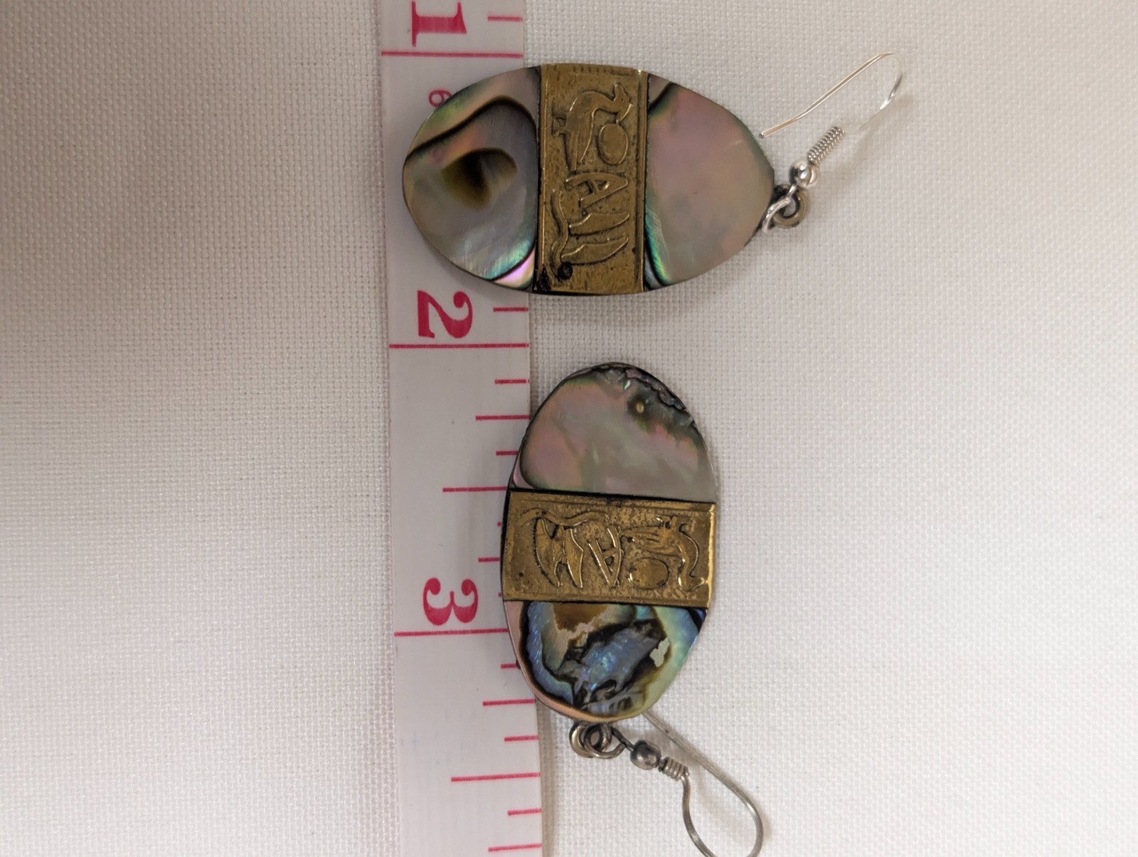 Vintage Alpaca Abalone Carved Sterling Silver Gold Tone Earrings Pierced