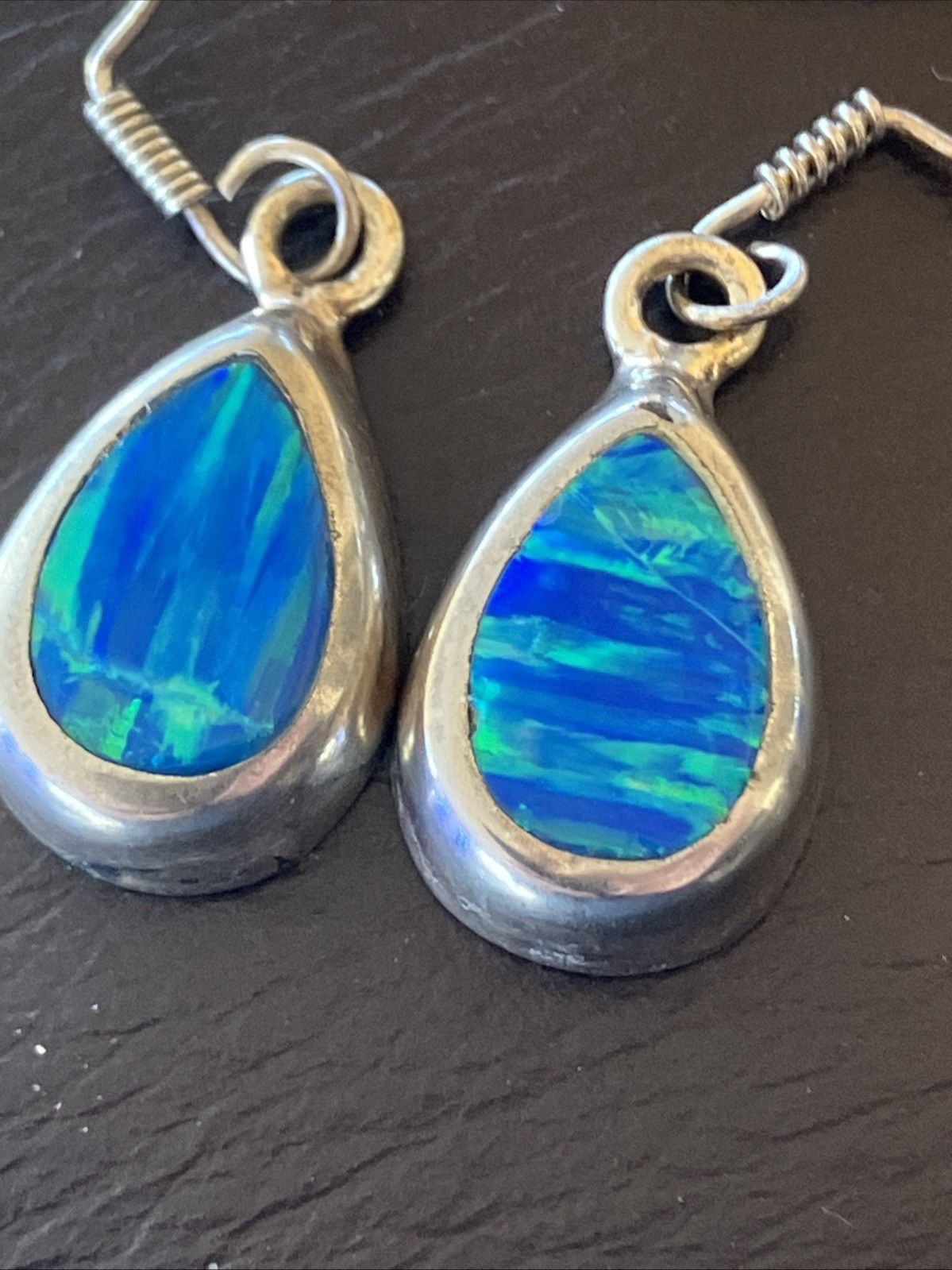 Vintage Mexico Silver Blue Opal Druzy Teardrop Oval Hook Drop Earrings Estate