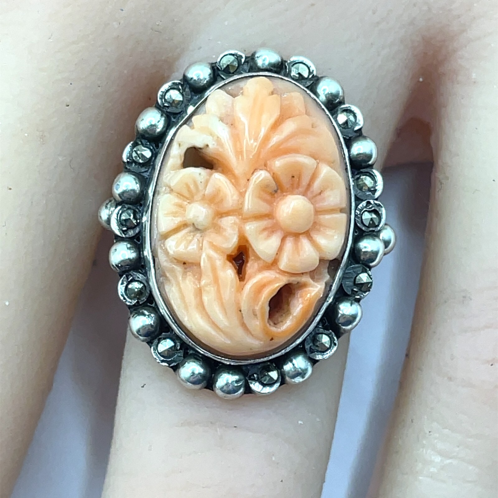 800 Silver Carved Coral and Marcasite Ring – Size 6